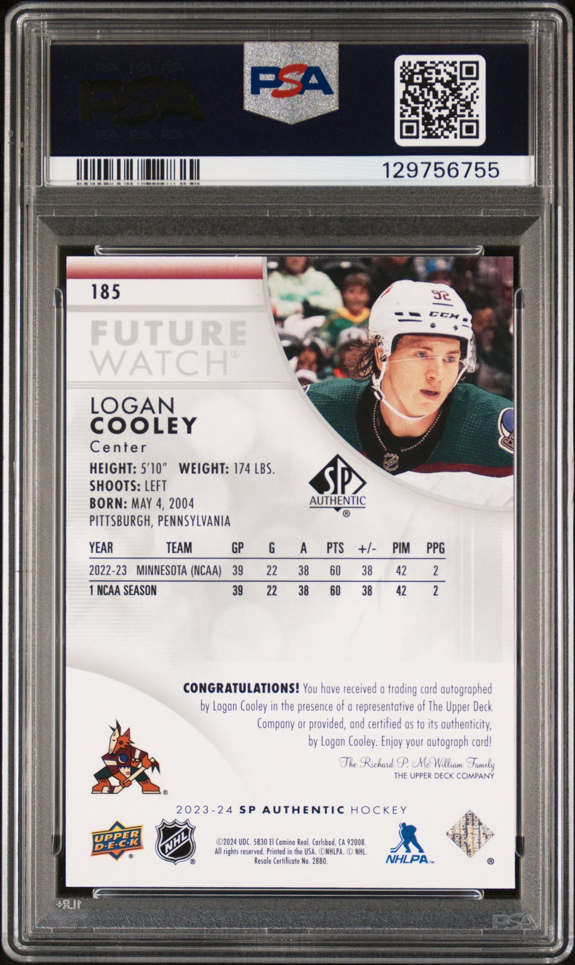 2023 Sp Authentic Logan Cooley #185 (Autograph) Gem Mt 10 back