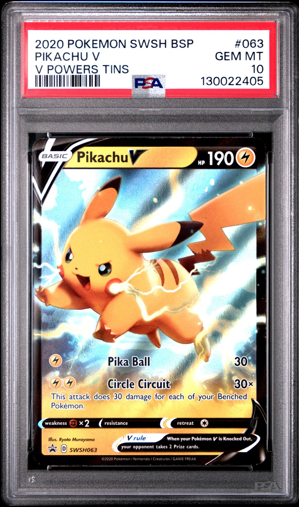 2020 Pokemon Sword & Shield Black Star Promos Pikachu V #063 (V Powers Tins) Gem Mt 10 front view - PSA graded GEM MT 10