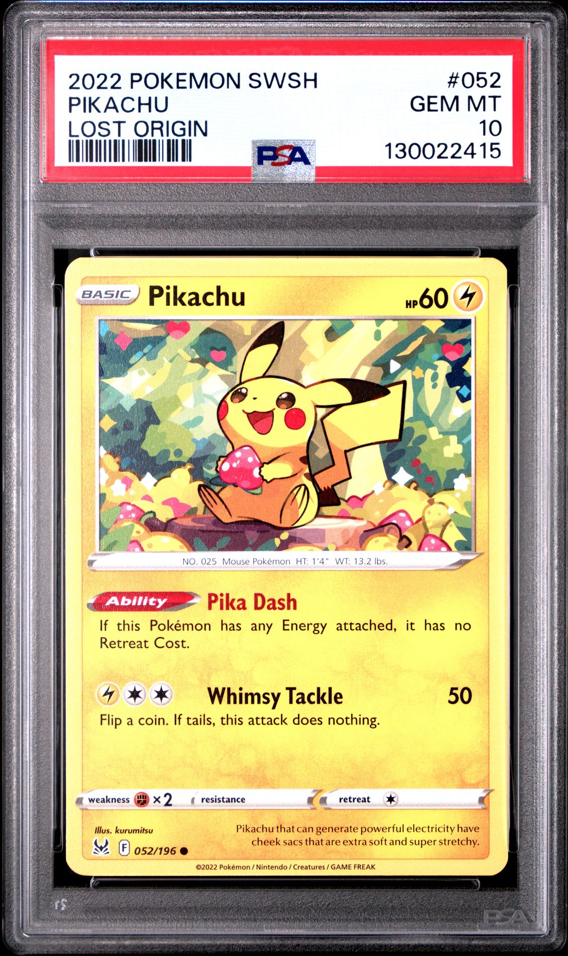 2022 POKEMON SWORD & SHIELD LOST ORIGIN PIKACHU LOST ORIGIN 052 GEM MT 10 front