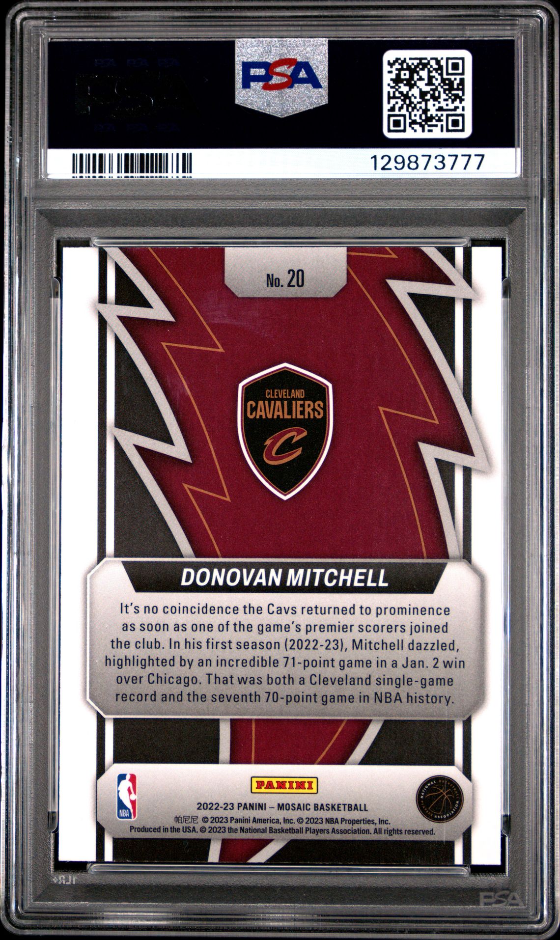 2022 Panini Mosaic Thunder Road Donovan Mitchell #20 Gem Mt 10 back view - PSA certificate #129873777