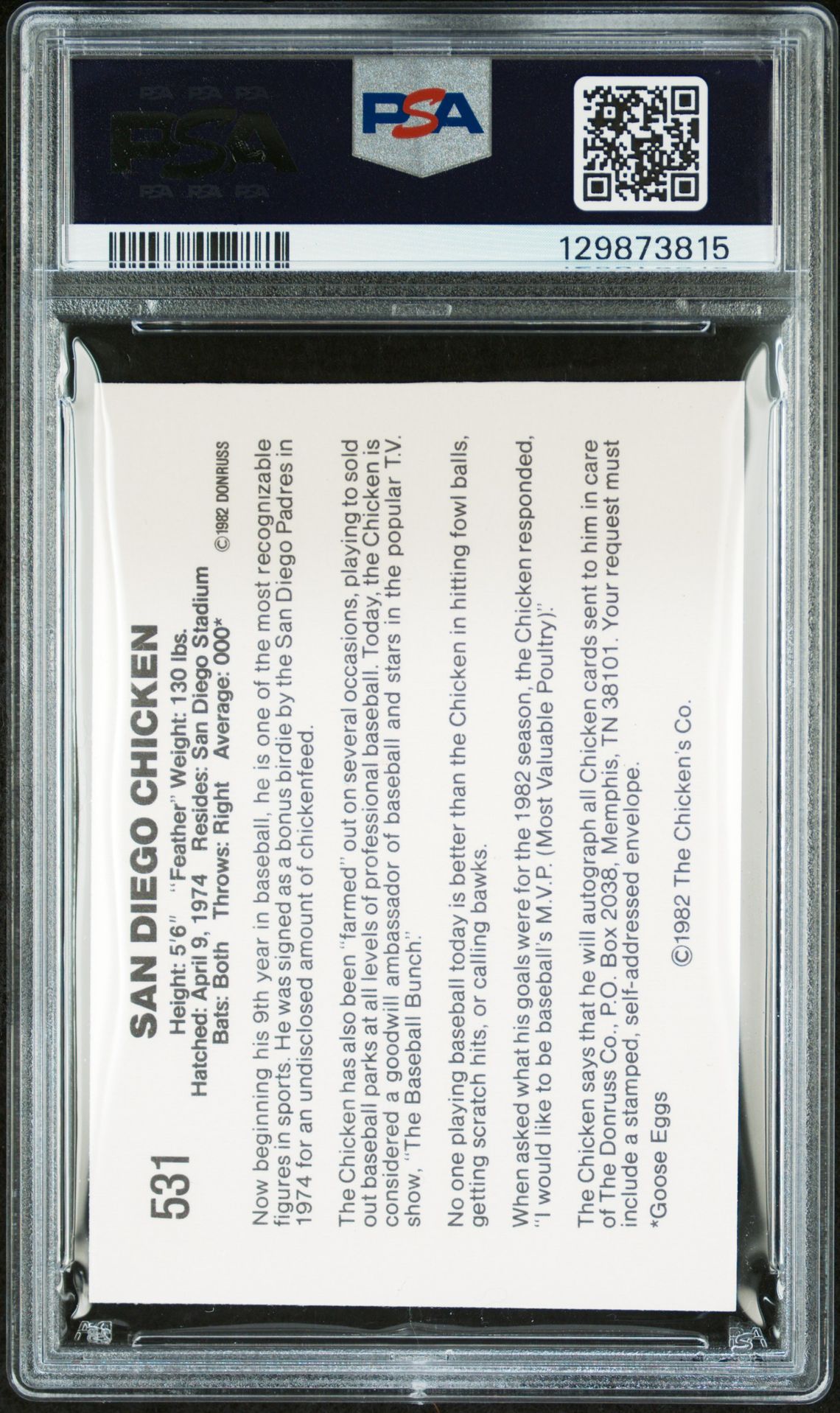 1982 Donruss San Diego Chicken #531 (W/Trademark Symbol) Nm 7 back