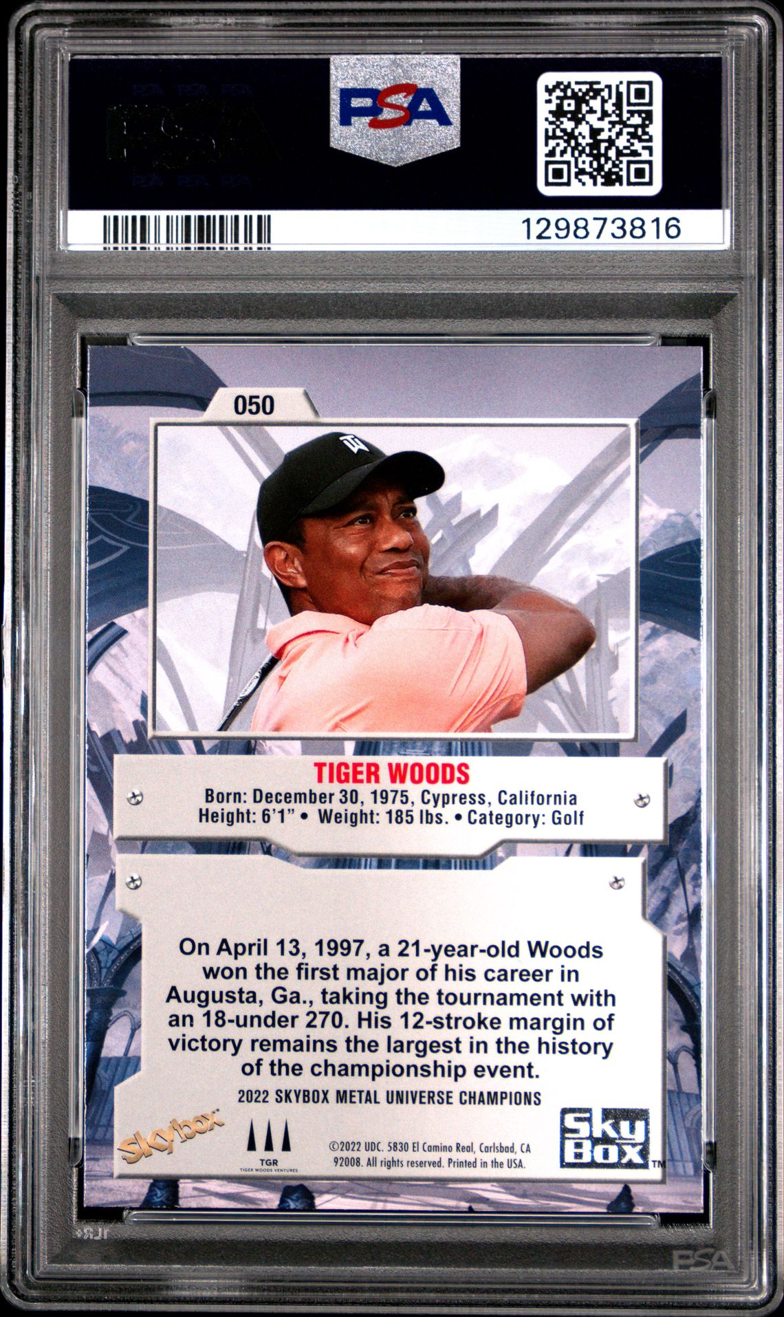 2022 Skybox Metal Universe Champions Tiger Woods #50 (Aqua) Mint 9 back