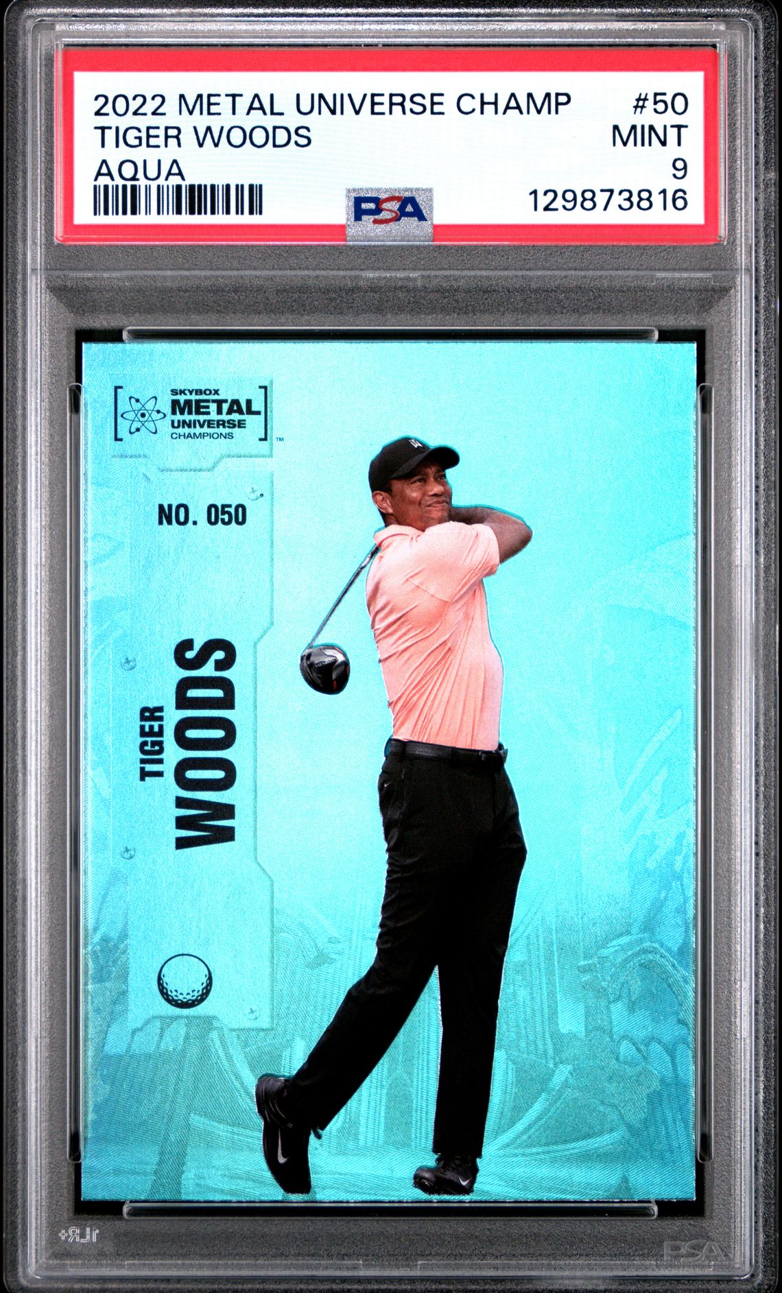 2022 Skybox Metal Universe Champions Tiger Woods #50 (Aqua) Mint 9 front