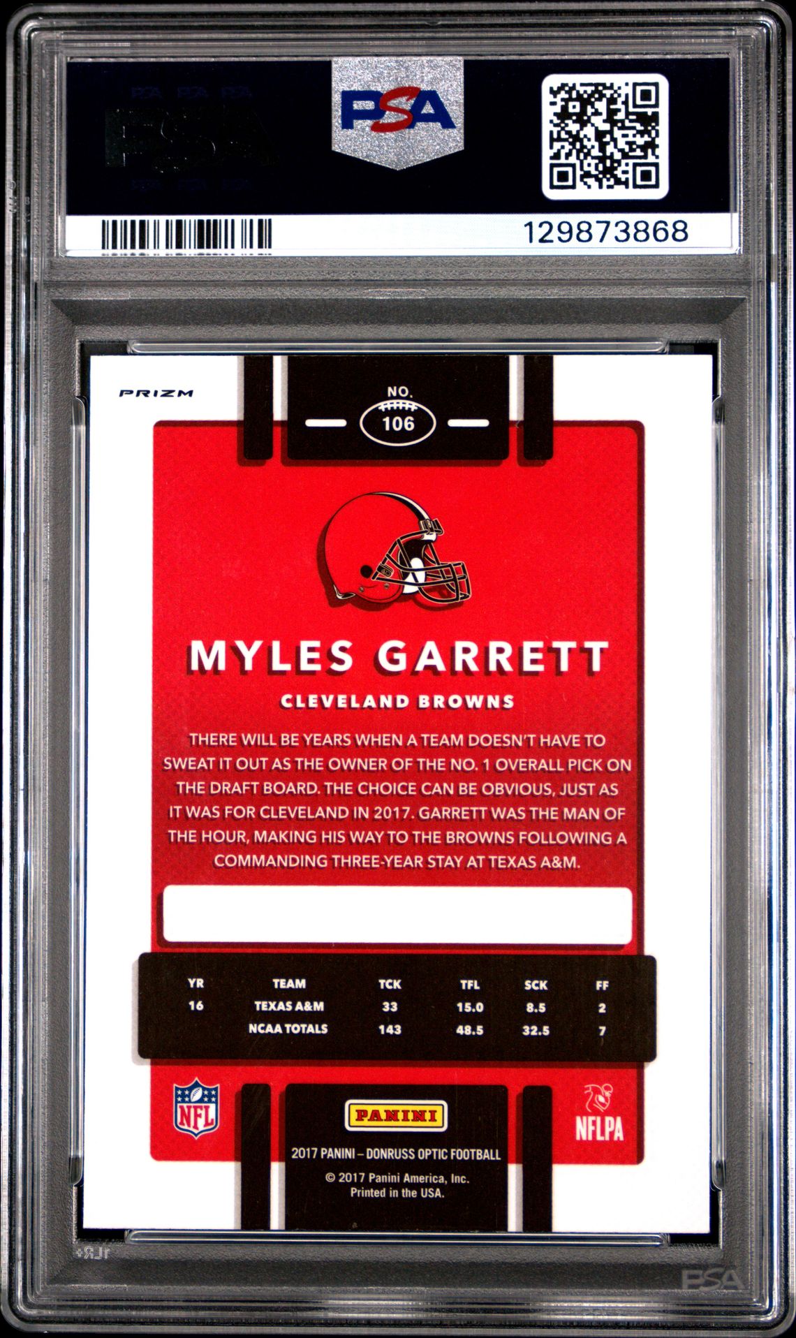 2017 Panini Donruss Optic Myles Garrett #106 (Red/Yellow) Gem Mt 10 back view - PSA certificate #129873868