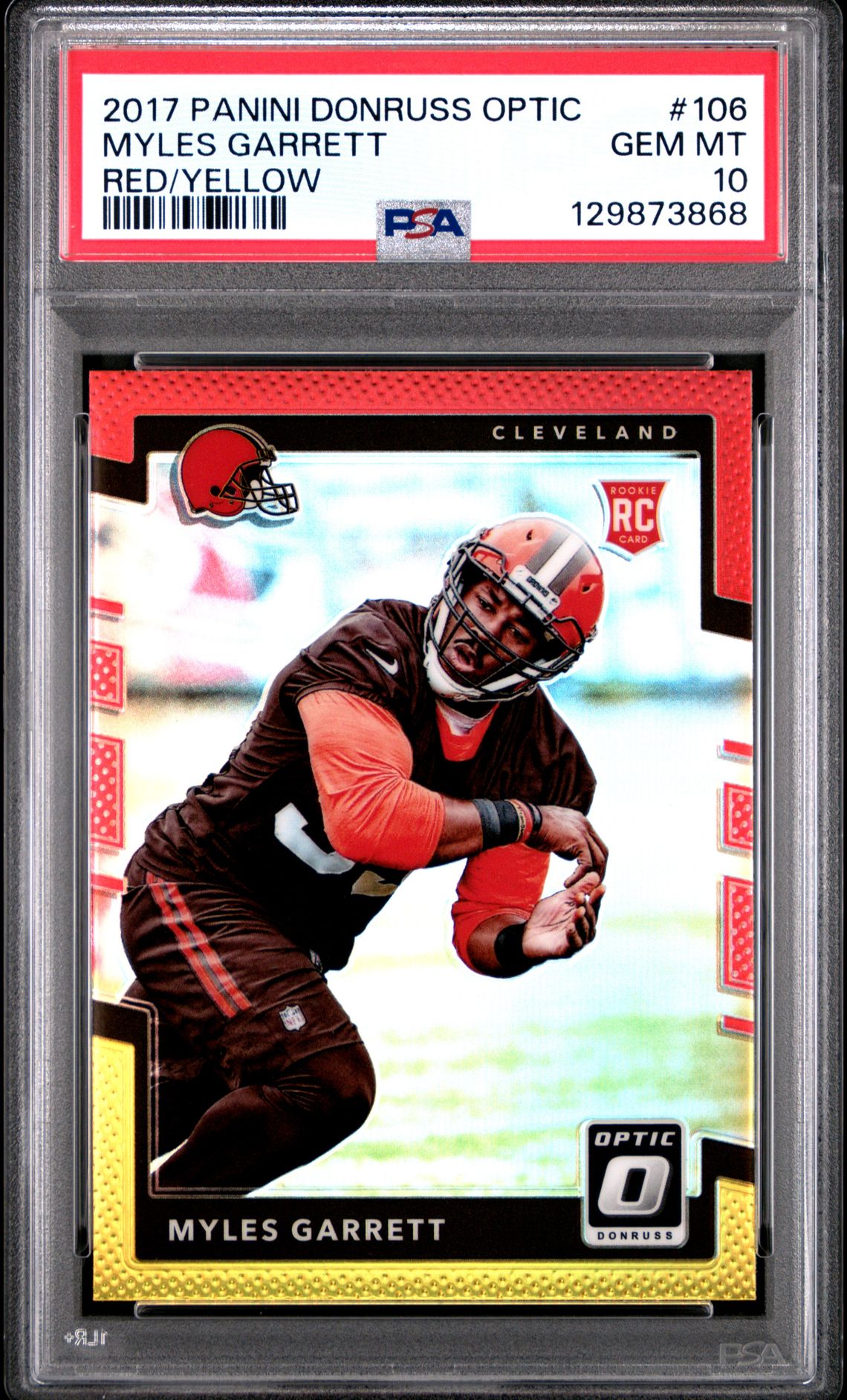 2017 Panini Donruss Optic Myles Garrett #106 (Red/Yellow) Gem Mt 10 front view - PSA graded GEM MT 10