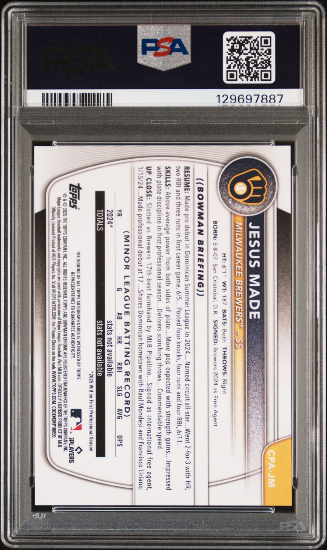 2025 Bowman Chrome Prospect Autographs Jesus Made #Cpajm (Chr Prospect Au-Green Ref) Gem Mt 10 back