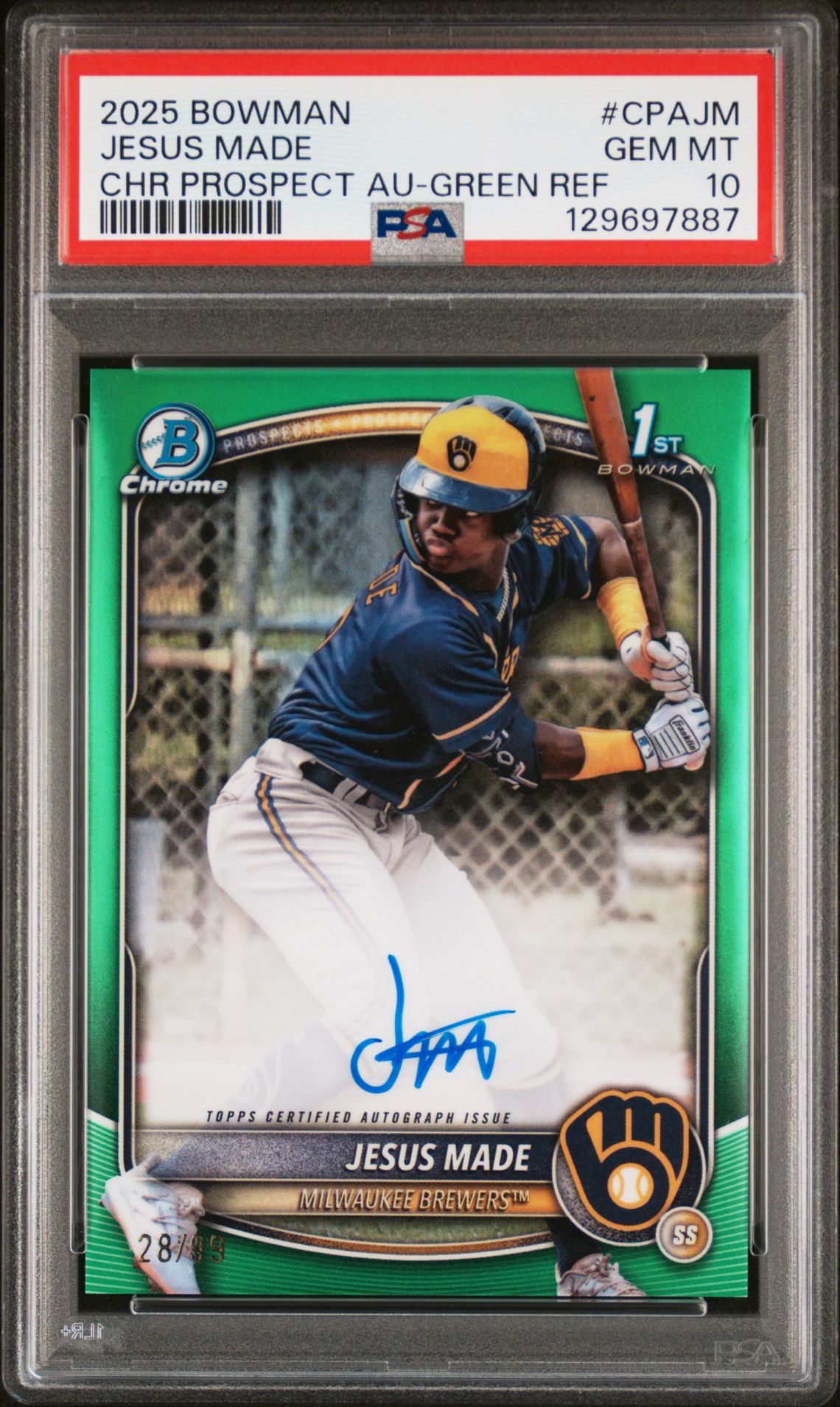 2025 Bowman Chrome Prospect Autographs Jesus Made #Cpajm (Chr Prospect Au-Green Ref) Gem Mt 10 front