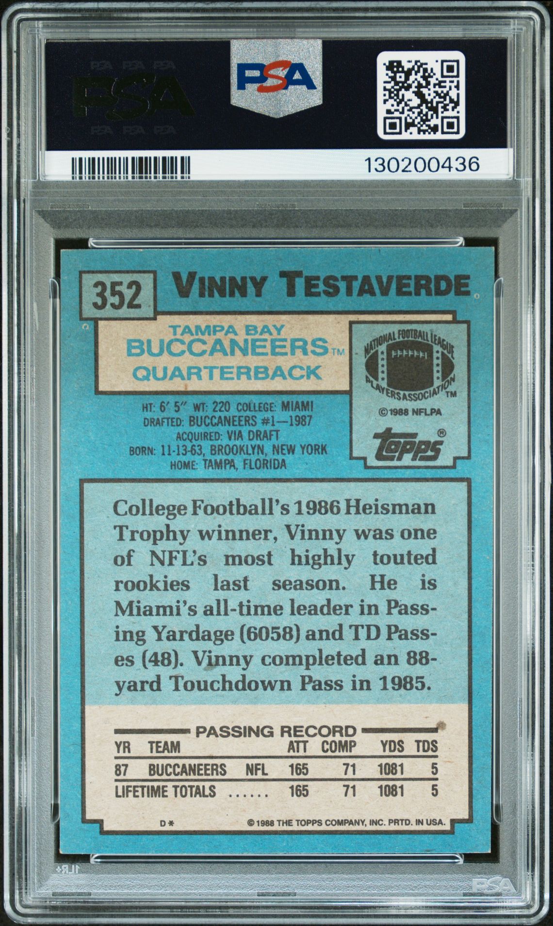 1988 Topps Vinny Testaverde #352 N0: Authentic back