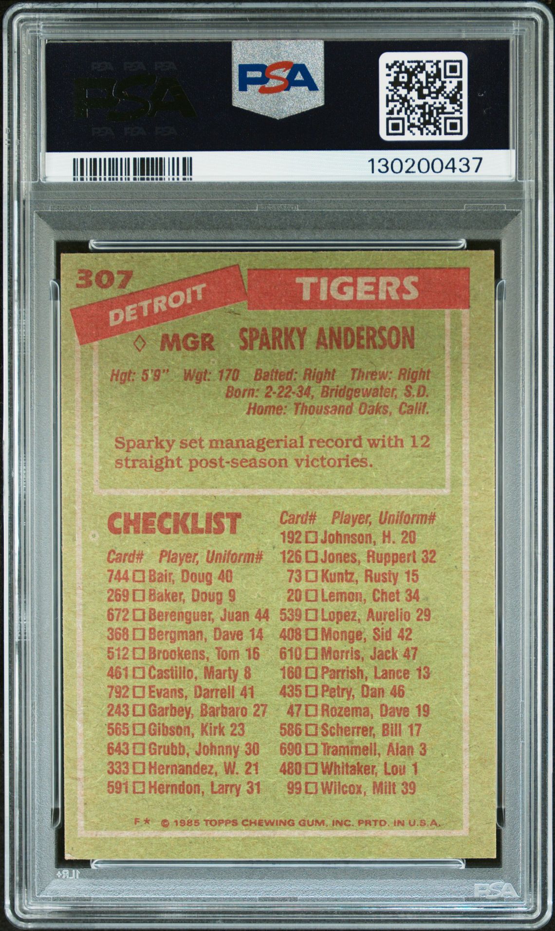 1985 Topps Sparky Anderson #307 N0: Authentic back