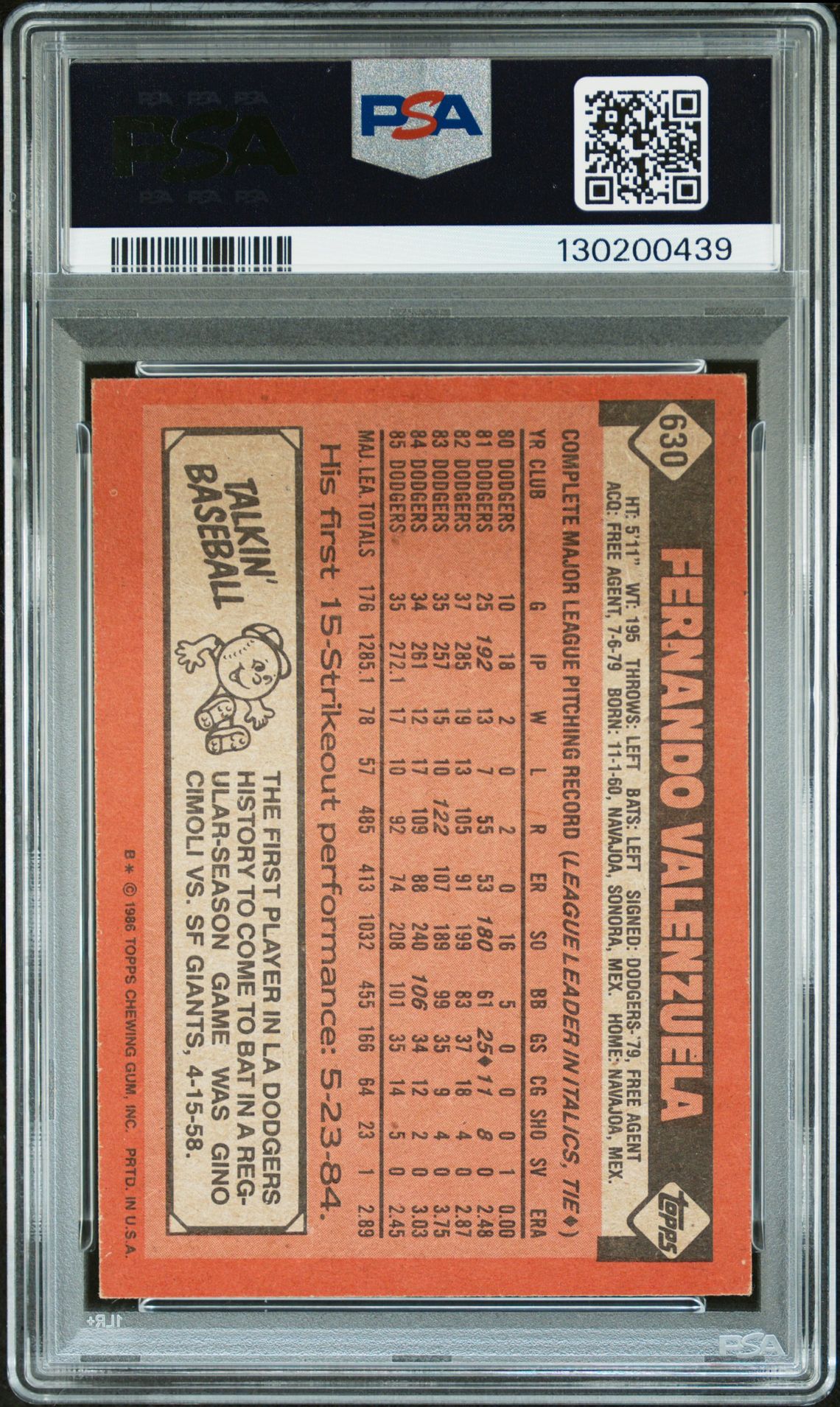 1986 Topps Fernando Valenzuela #630 N0: Authentic back