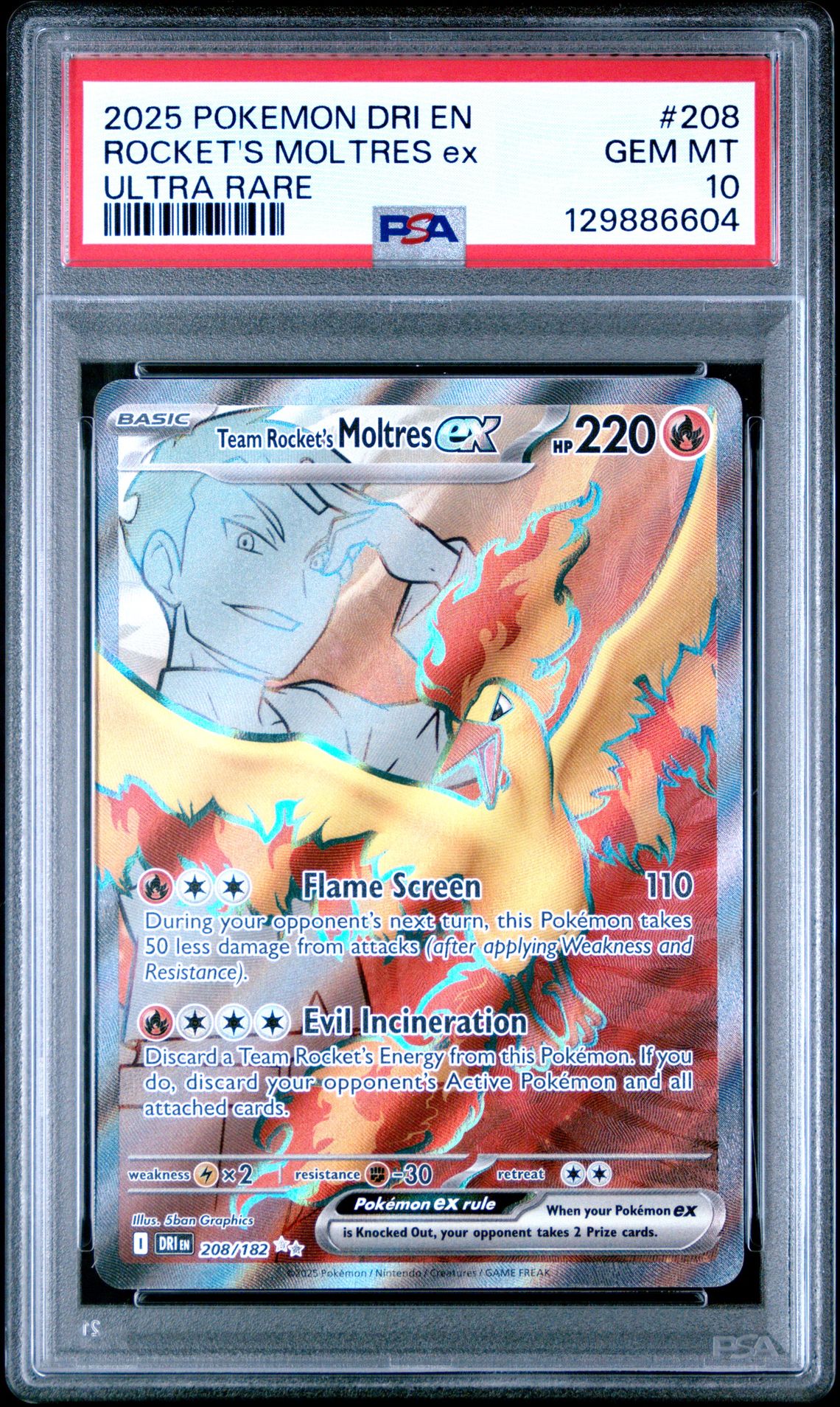 2025 Pokemon Dri En-Destined Rivals Rocket's Moltres Ex #208 (Ultra Rare) Gem Mt 10 front