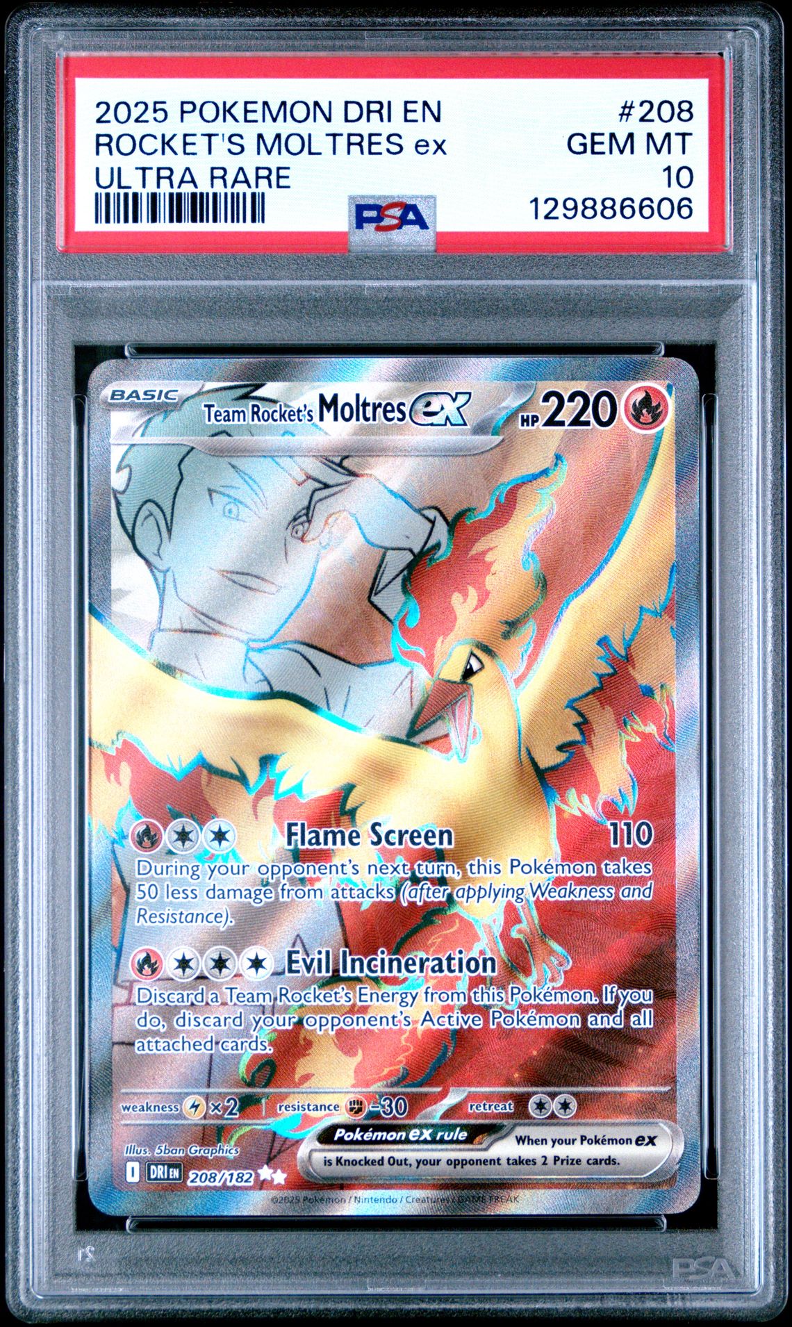 2025 Pokemon Dri En-Destined Rivals Rocket's Moltres Ex #208 (Ultra Rare) Gem Mt 10 front