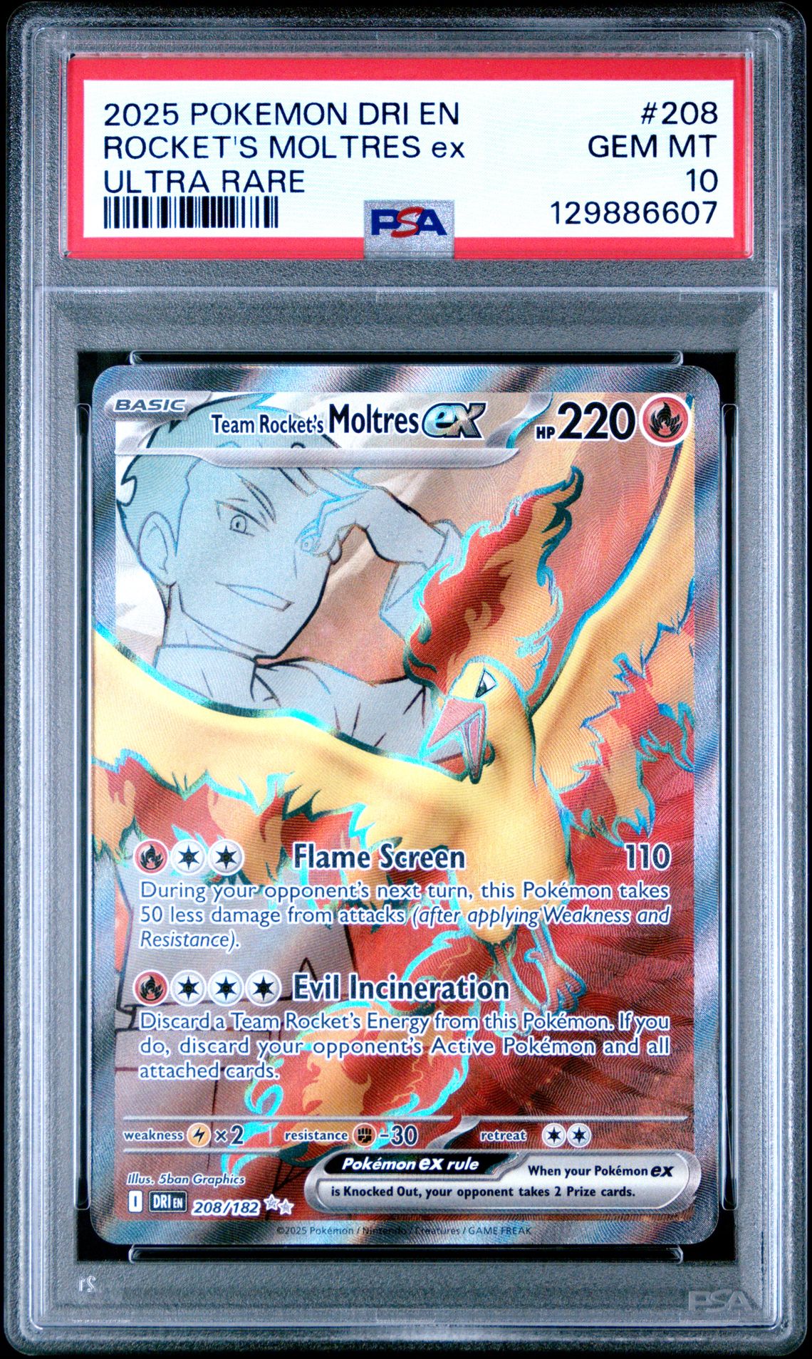 2025 Pokemon Dri En-Destined Rivals Rocket's Moltres Ex #208 (Ultra Rare) Gem Mt 10 front
