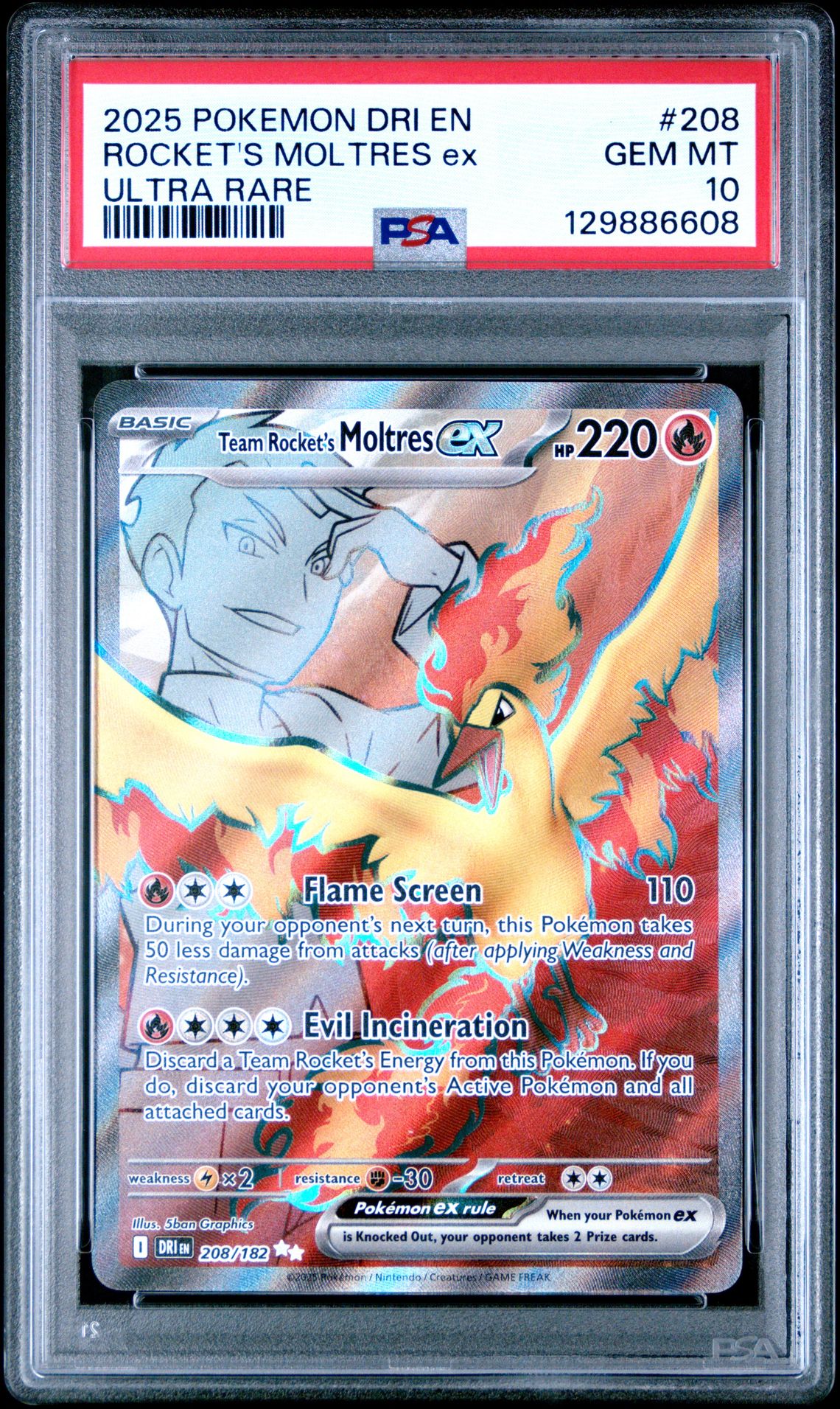 2025 Pokemon Dri En-Destined Rivals Rocket's Moltres Ex #208 (Ultra Rare) Gem Mt 10 front