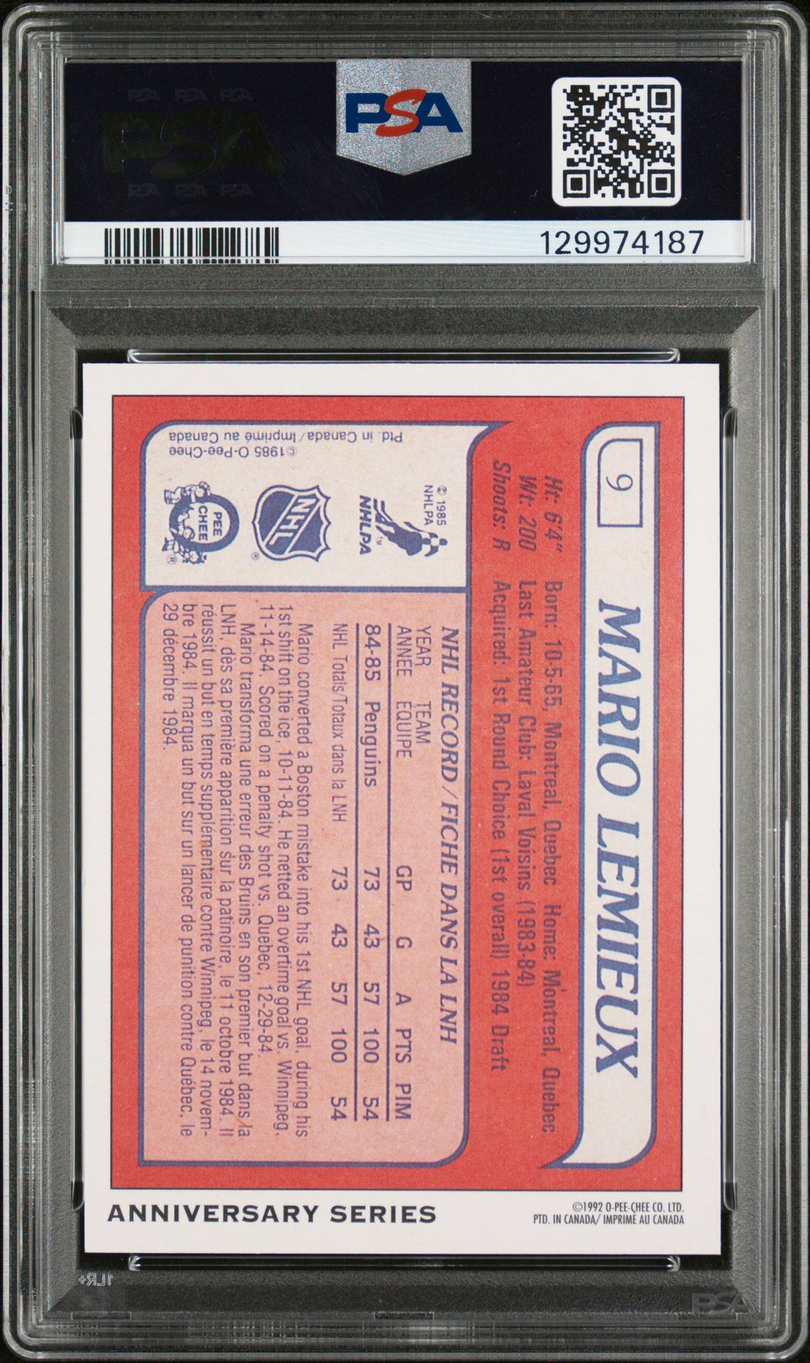 1992 O-Pee-Chee 25Th Anniversary Inserts Mario Lemieux #18 (25Th Anv. Inserts) Mint 9 back