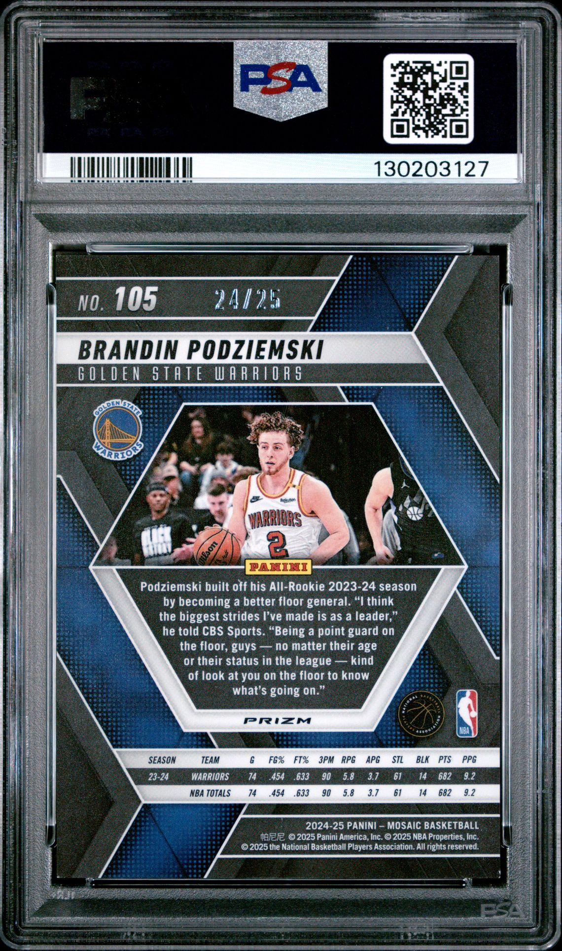 2024 Panini Mosaic Brandin Podziemski #105 (Orange Fluorescent) Nm-Mt 8 back