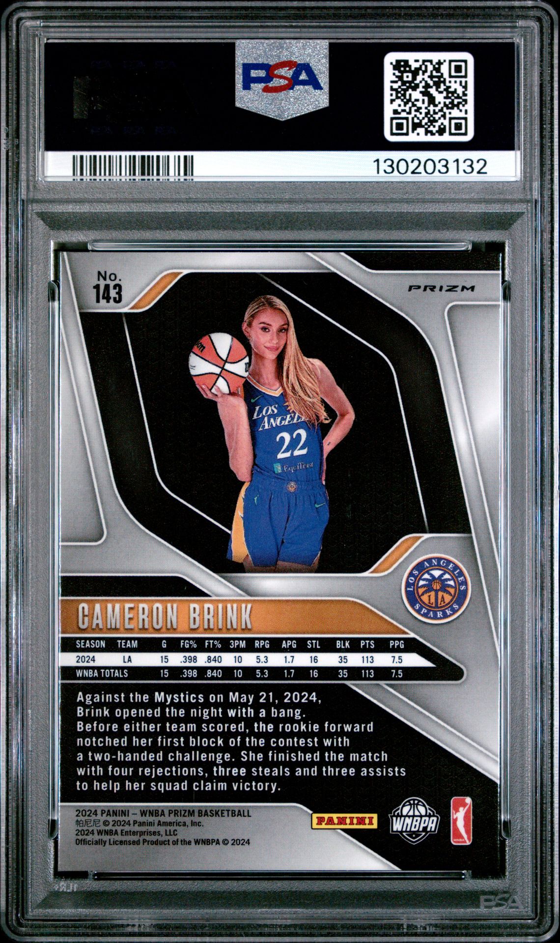 2024 Panini Prizm Wnba Cameron Brink #143 (Silver Prizm) Mint 9 back
