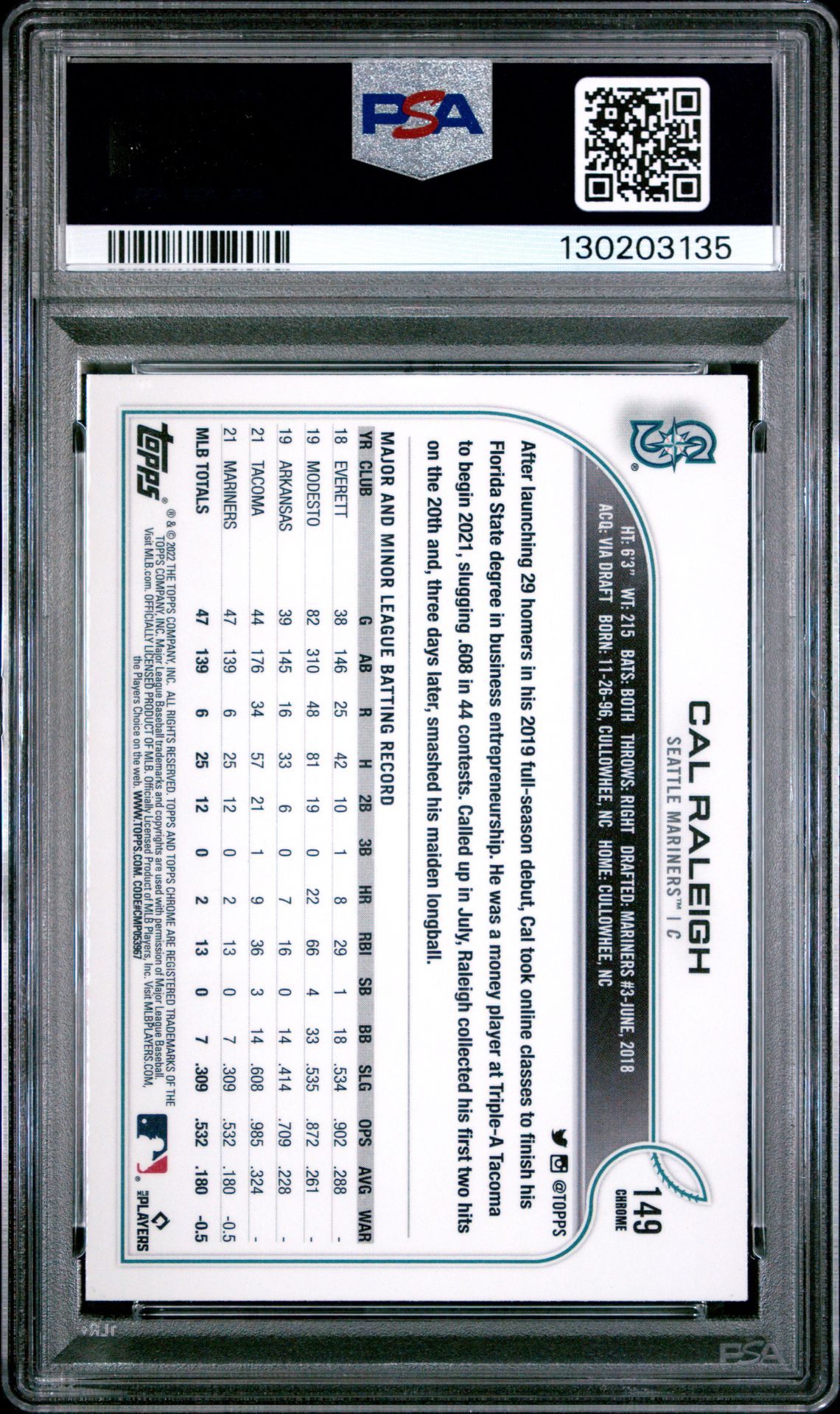 2022 Topps Chrome Cal Raleigh #149 Mint 9 back