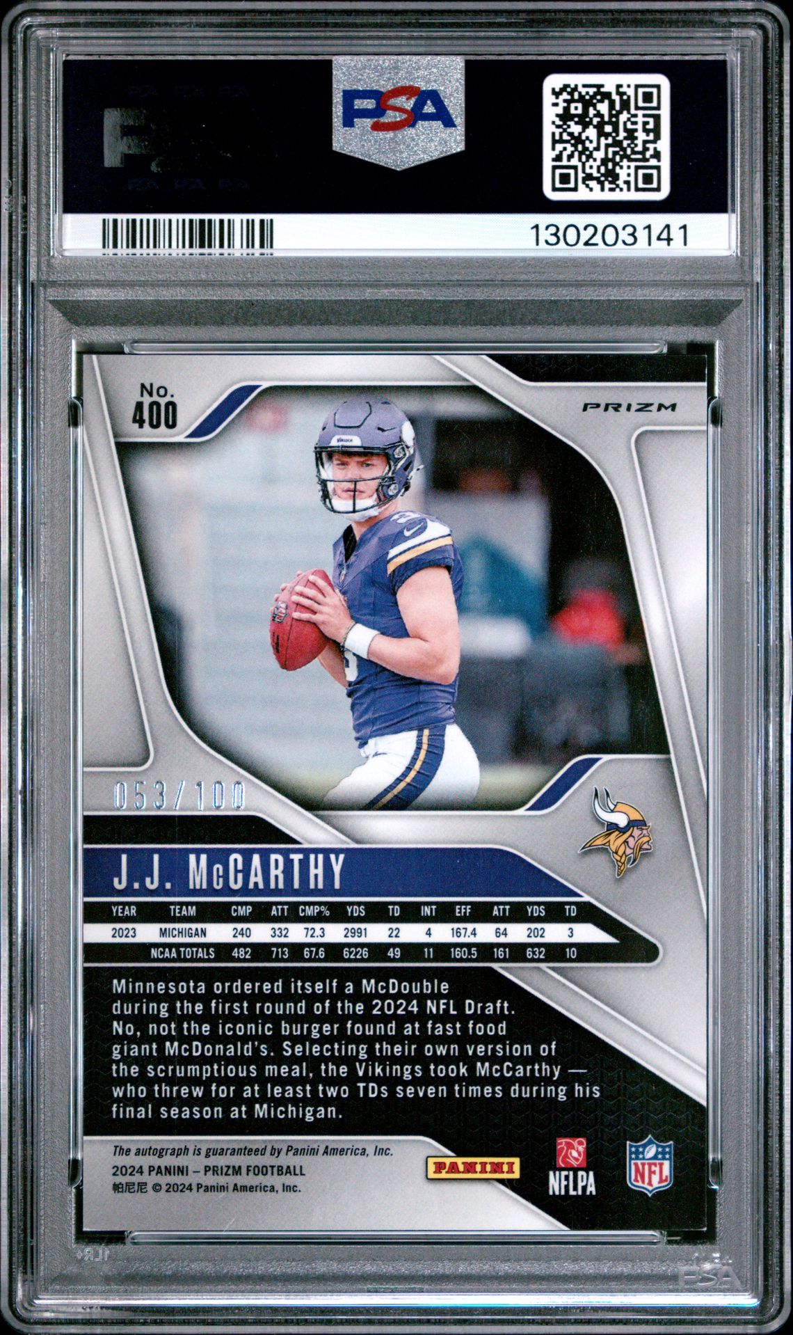 2024 Panini Prizm Jj Mccarthy #400 (Autograph-Choice) Mint 9 back