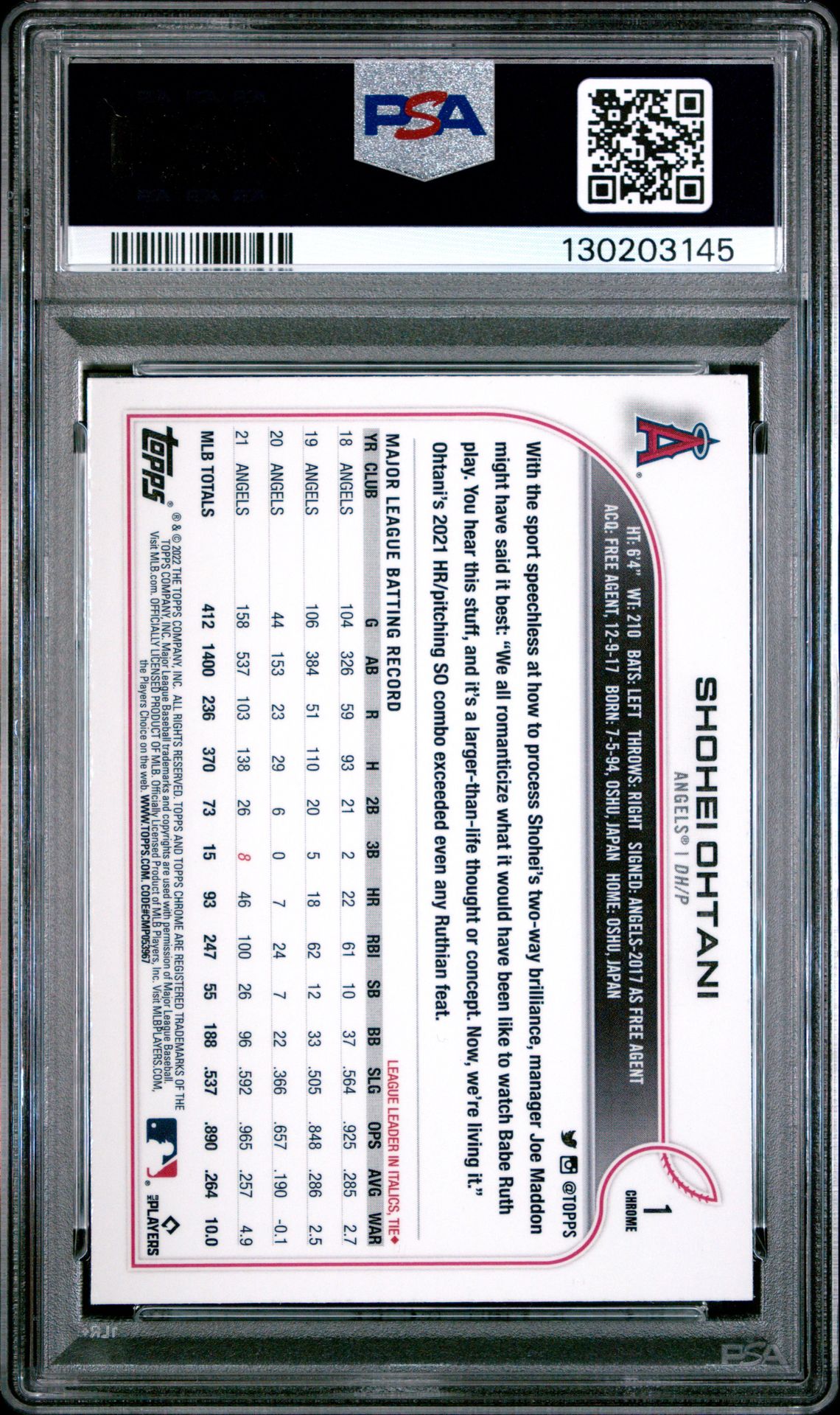 2022 Topps Chrome Shohei Ohtani #1 Mint 9 back