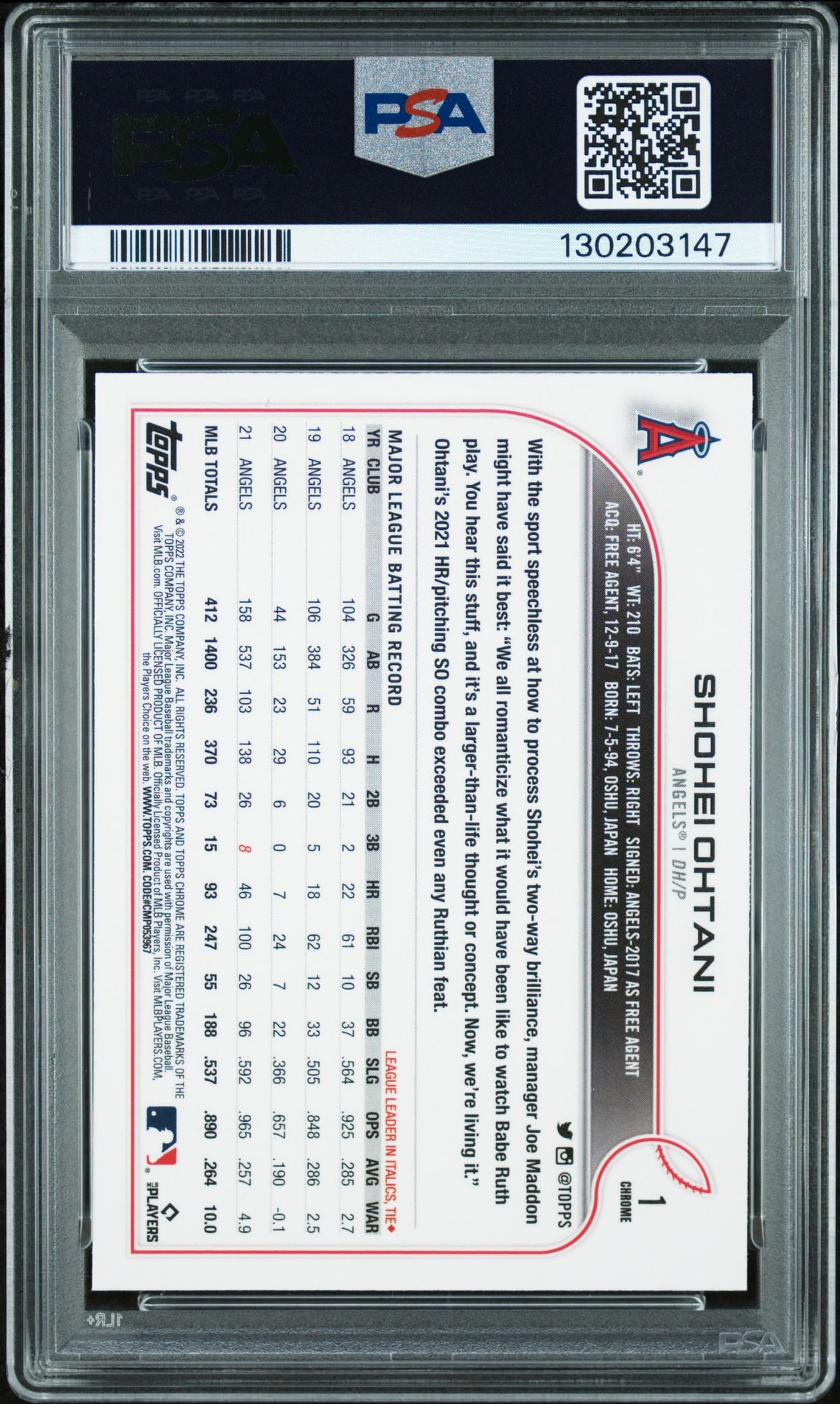 2022 Topps Chrome Shohei Ohtani #1 (Pink Refractor) Mint 9 back