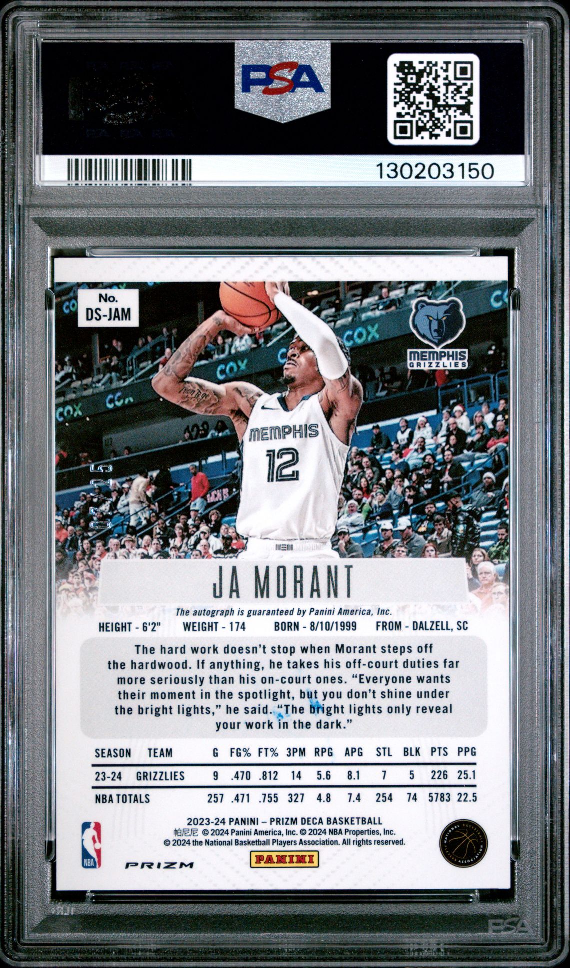 2023 Panini Prizm Deca Signatures Ja Morant #Dsjam (Signature-Mojo Prizm) Nm-Mt 8 back