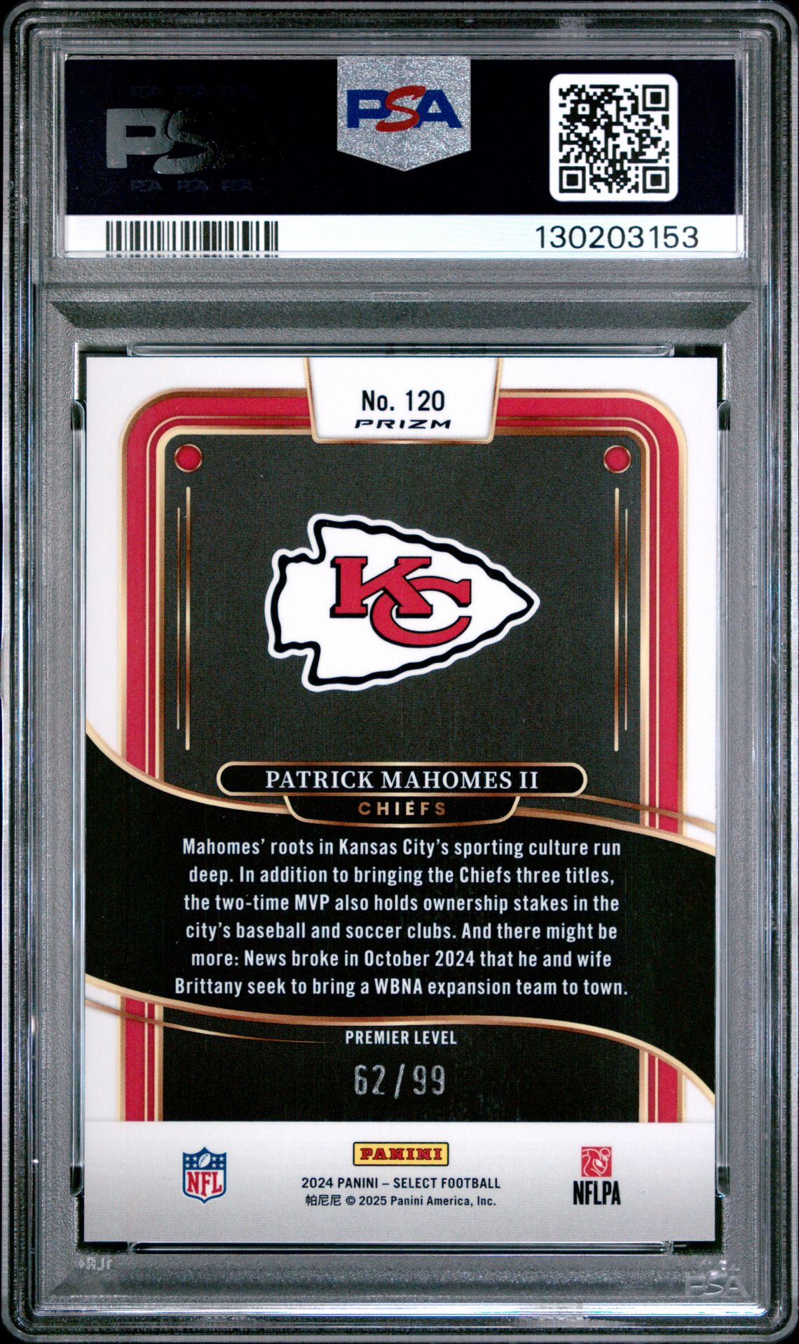 2024 Panini Select Patrick Mahomes Ii #120 (Light Blue Prizm) Mint 9 back