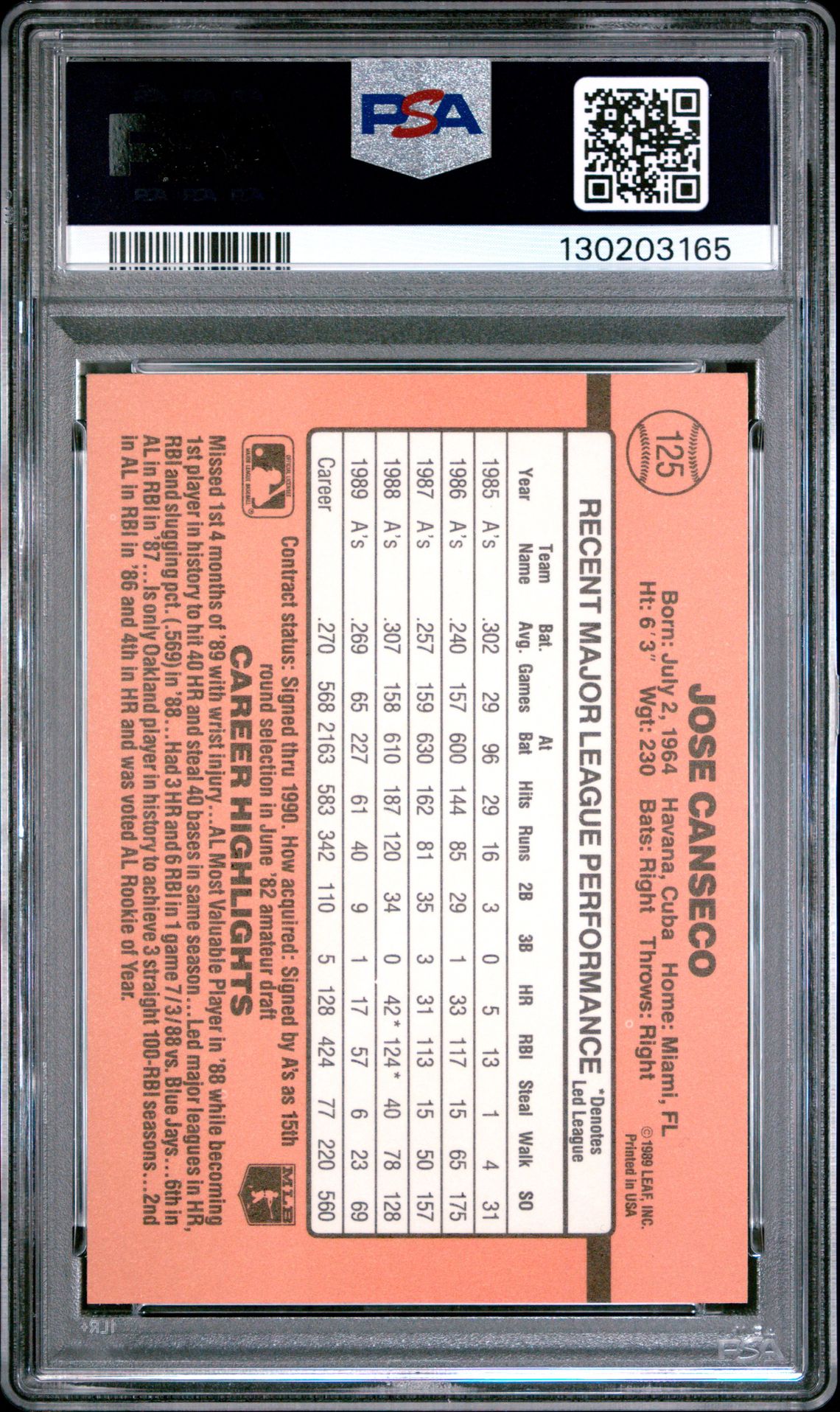 1990 Donruss Jose Canseco #125 Ex-Mt 6 back