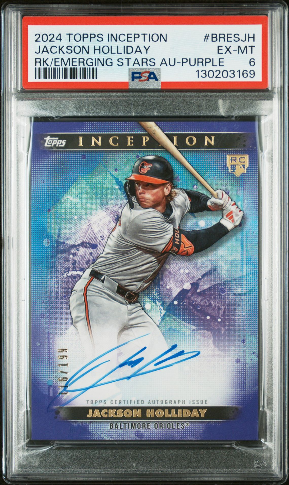 2024 Topps Inception Base Rookie And Emerging Star Autographs Jackson Holliday #Bresjh (Rk/Emerging Stars Au-Purple) Ex-Mt 6 front