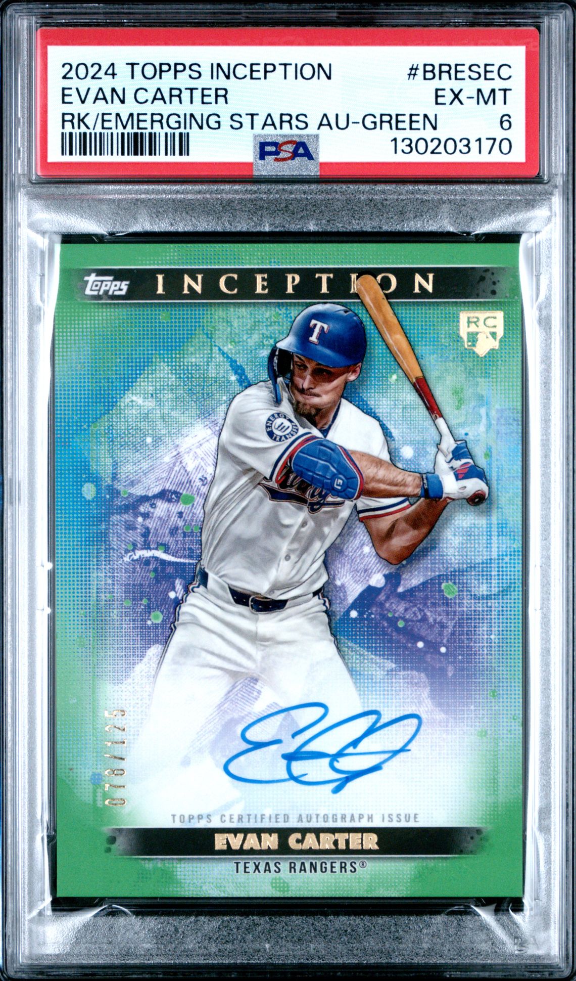 2024 Topps Inception Base Rookie And Emerging Star Autographs Evan Carter #Bresec (Rk/Emerging Stars Au-Green) Ex-Mt 6 front
