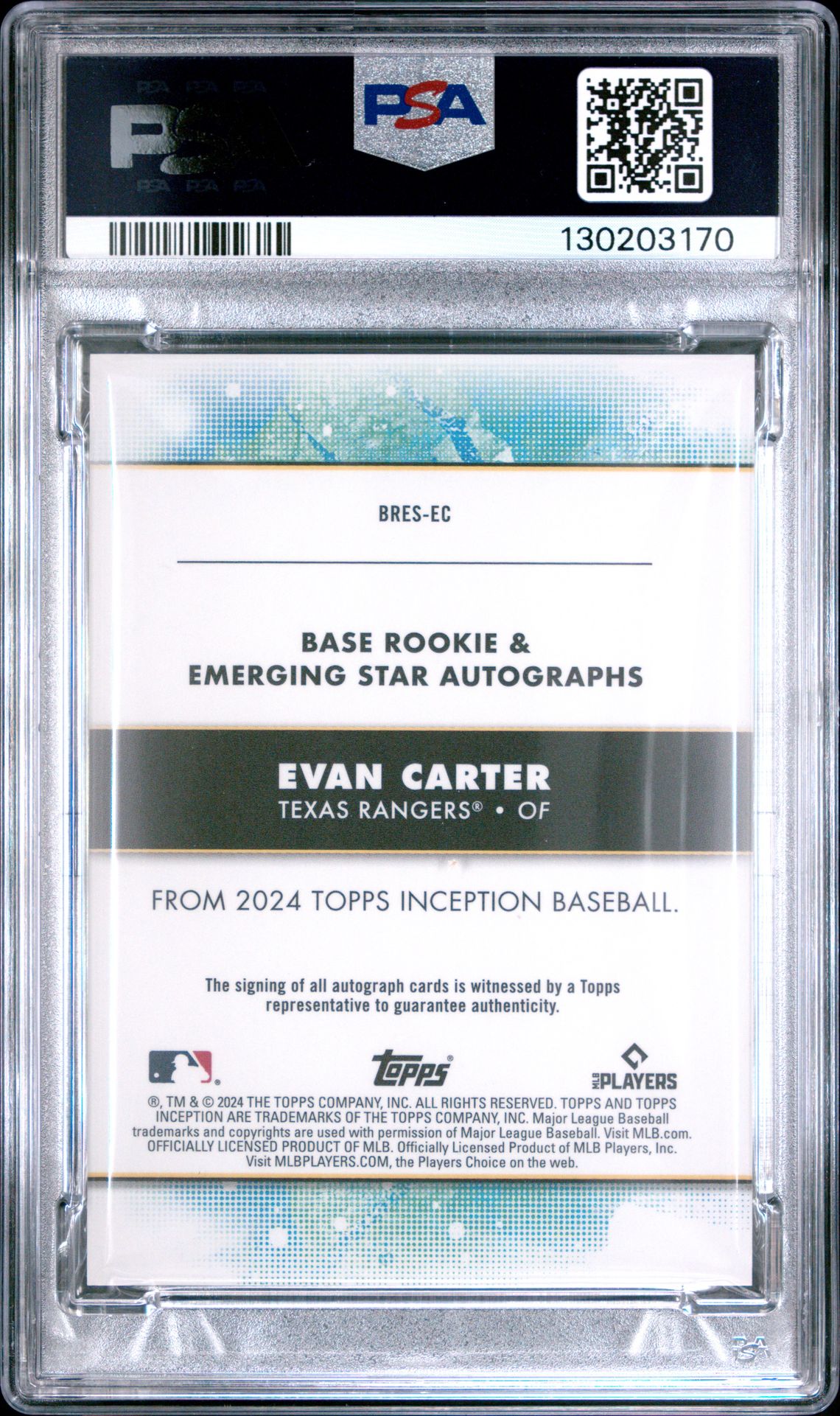 2024 Topps Inception Base Rookie And Emerging Star Autographs Evan Carter #Bresec (Rk/Emerging Stars Au-Green) Ex-Mt 6 back