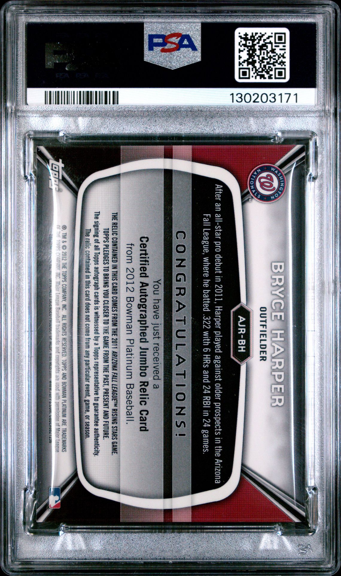 2012 Bowman Platinum Jumbo Relic Autograph Bryce Harper #Ajrbh (Jumbo Relic Autograph) Nm-Mt 8 back