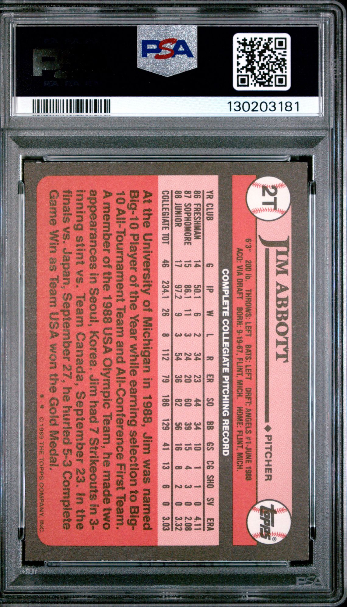 1989 Topps Traded Jim Abbott #2T Nm-Mt 8 back