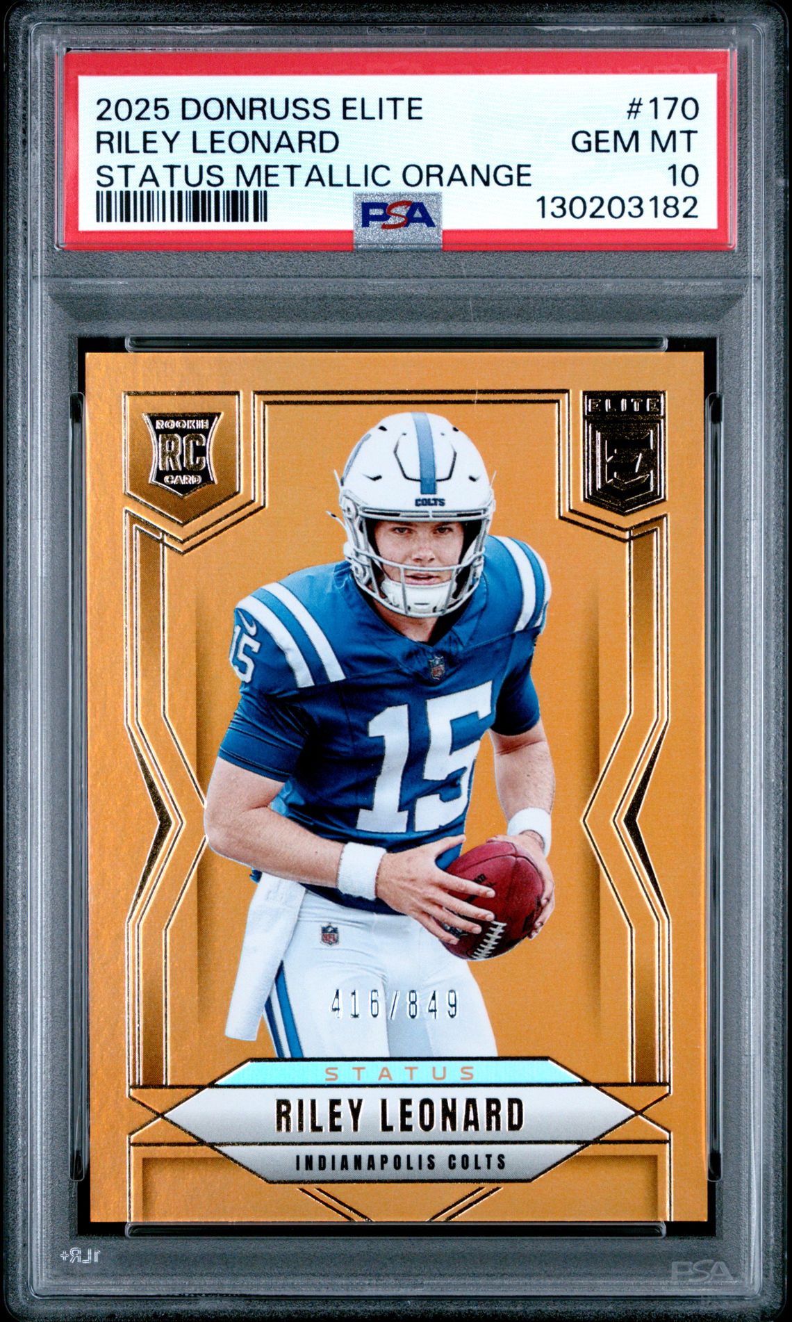 2025 Panini Donruss Elite Riley Leonard #170 (Status Metallic Orange) Gem Mt 10 front