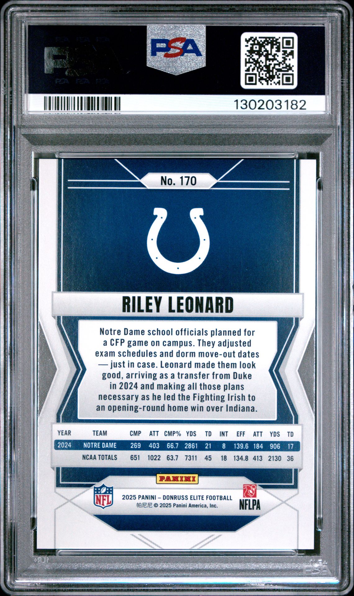 2025 Panini Donruss Elite Riley Leonard #170 (Status Metallic Orange) Gem Mt 10 back