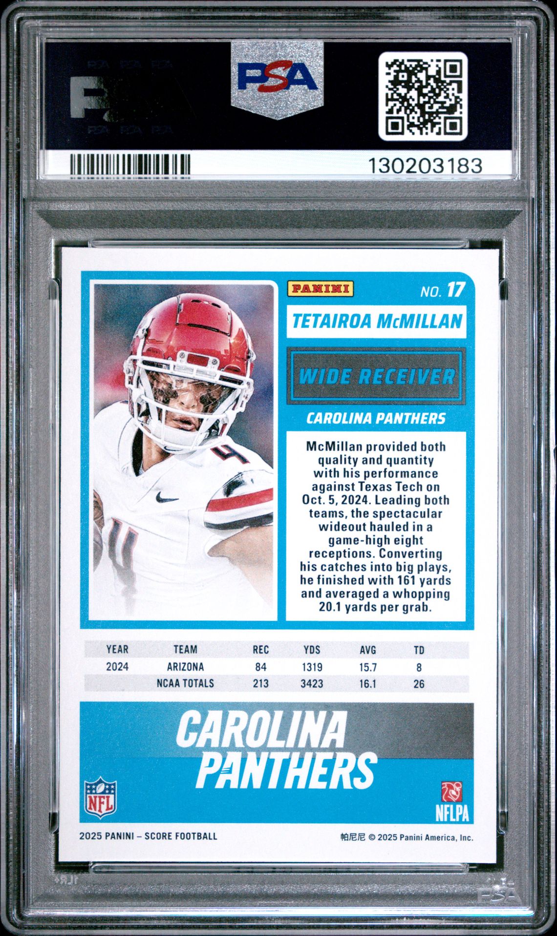 2025 Panini Score Tetairoa Mcmillan #17 Mint 9 back