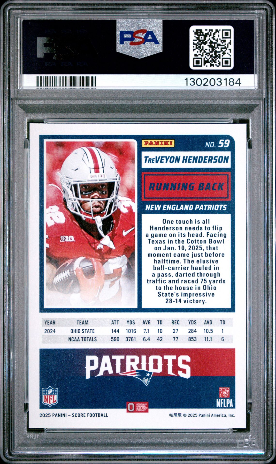 2025 Panini Score Treveyon Henderson #59 Gem Mt 10 back
