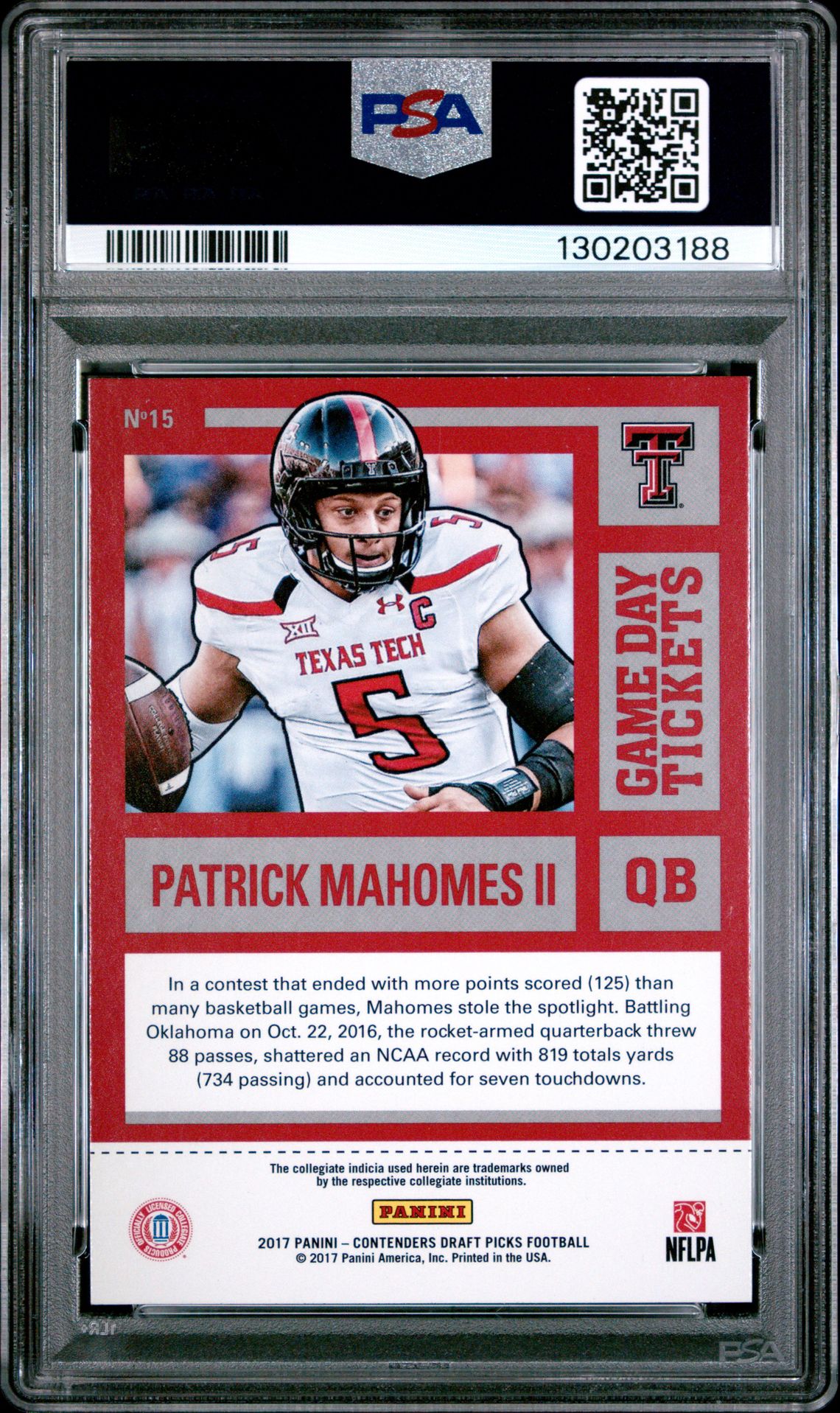 2017 Panini Contenders Draft Picks Game Day Tickets Patrick Mahomes Ii #15 (Game Day Tickets) Mint 9 back