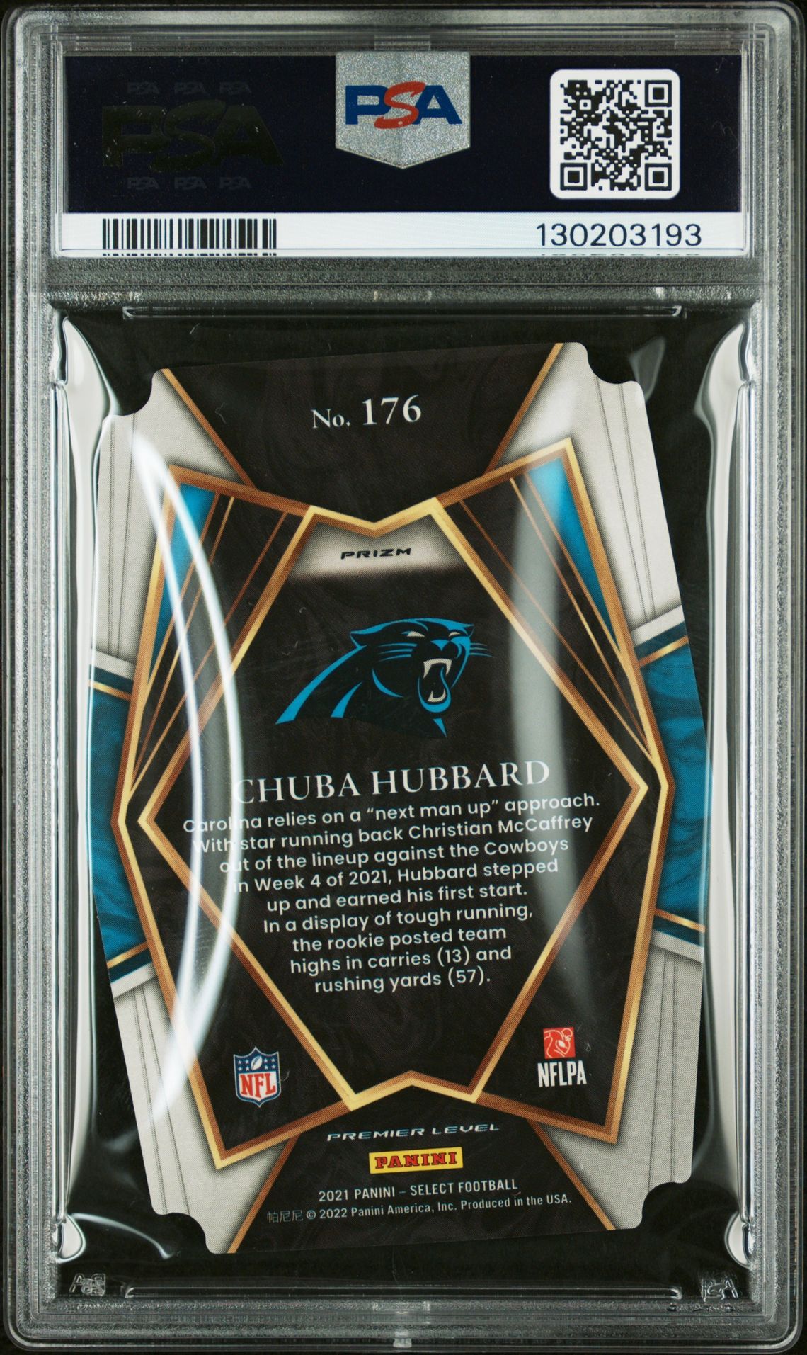 2021 Panini Select Chuba Hubbard #176 (D/C Green/Yellow Prizm) Mint 9 back