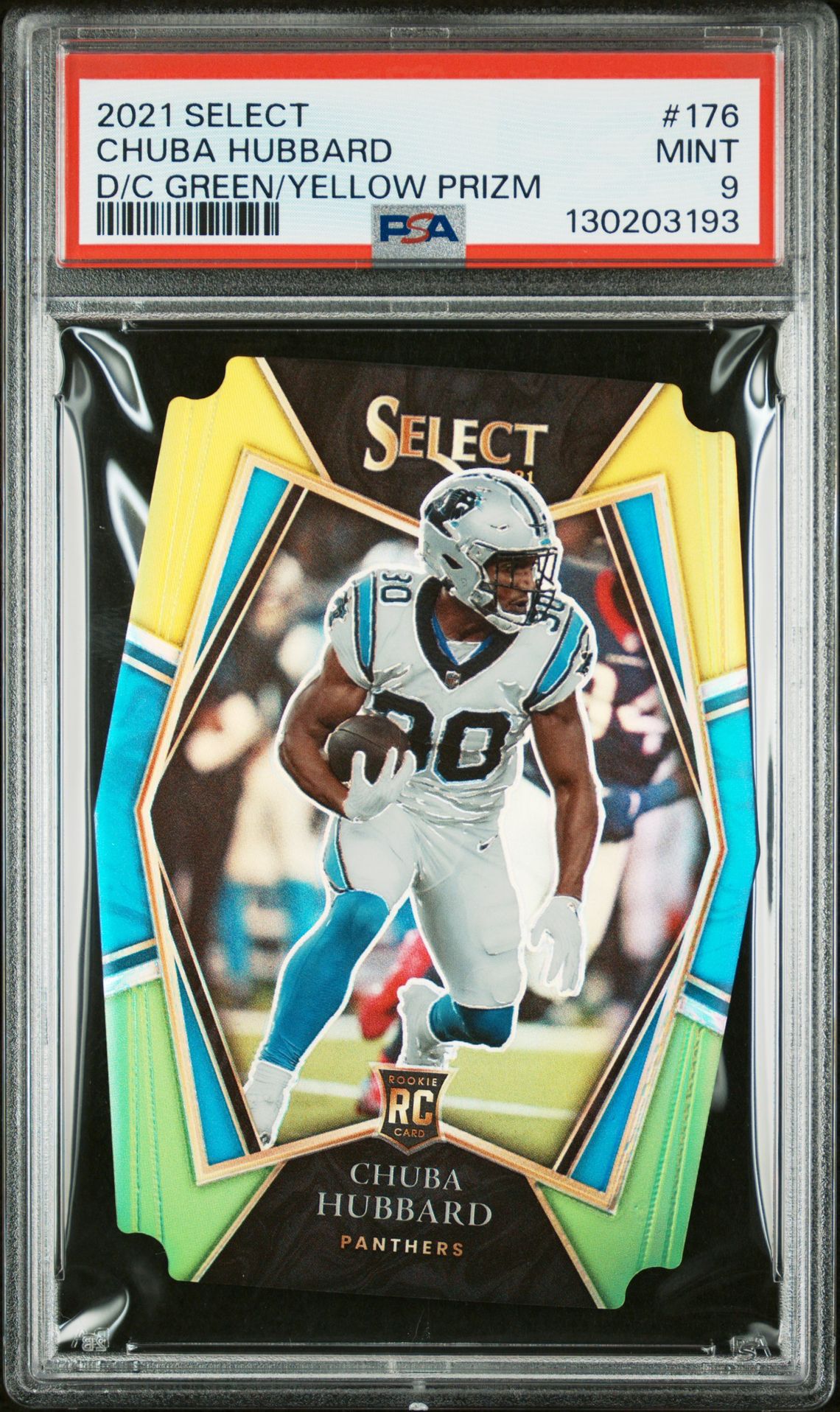 2021 Panini Select Chuba Hubbard #176 (D/C Green/Yellow Prizm) Mint 9 front