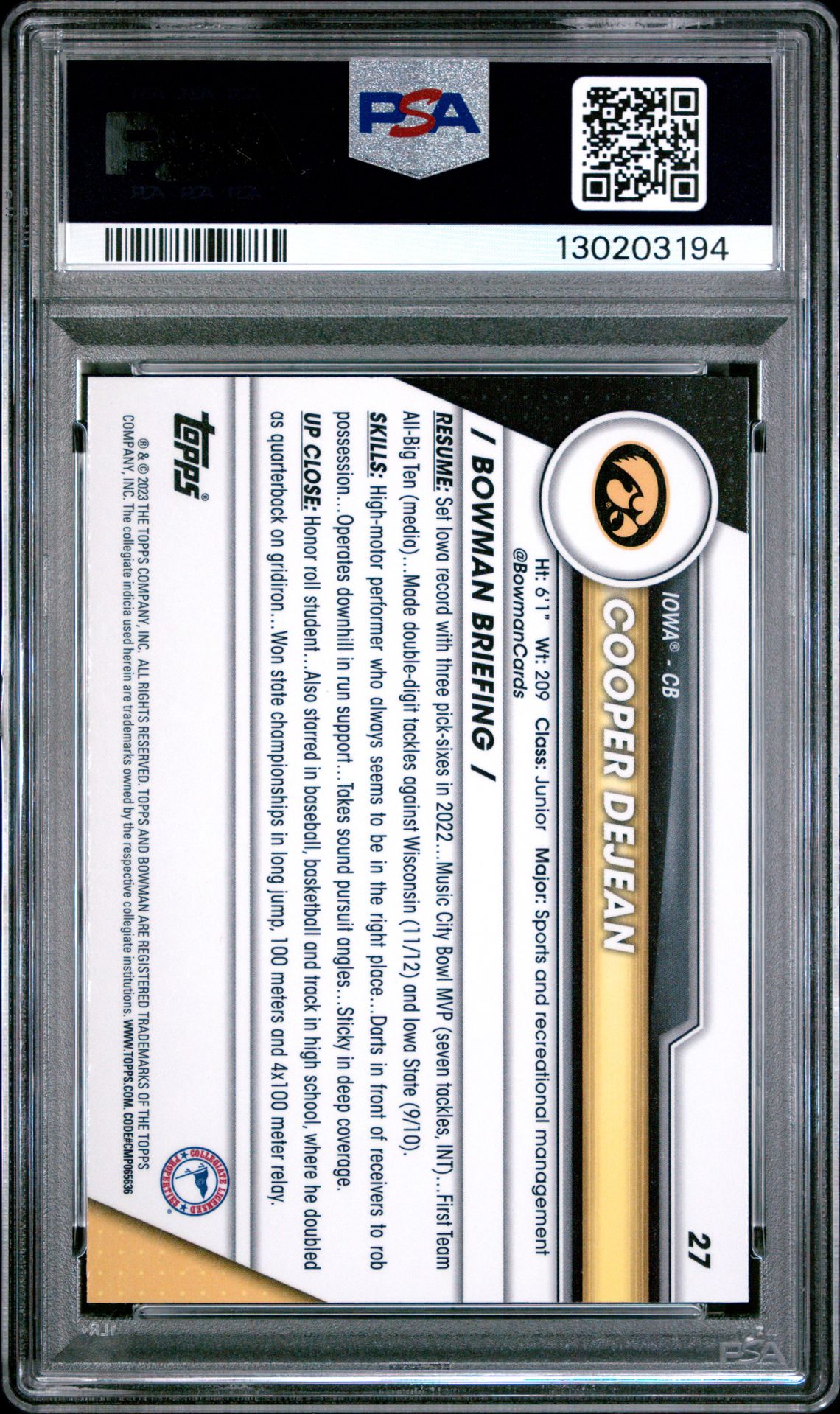 2023 Bowman University Chrome Cooper Dejean #27 Gem Mt 10 back