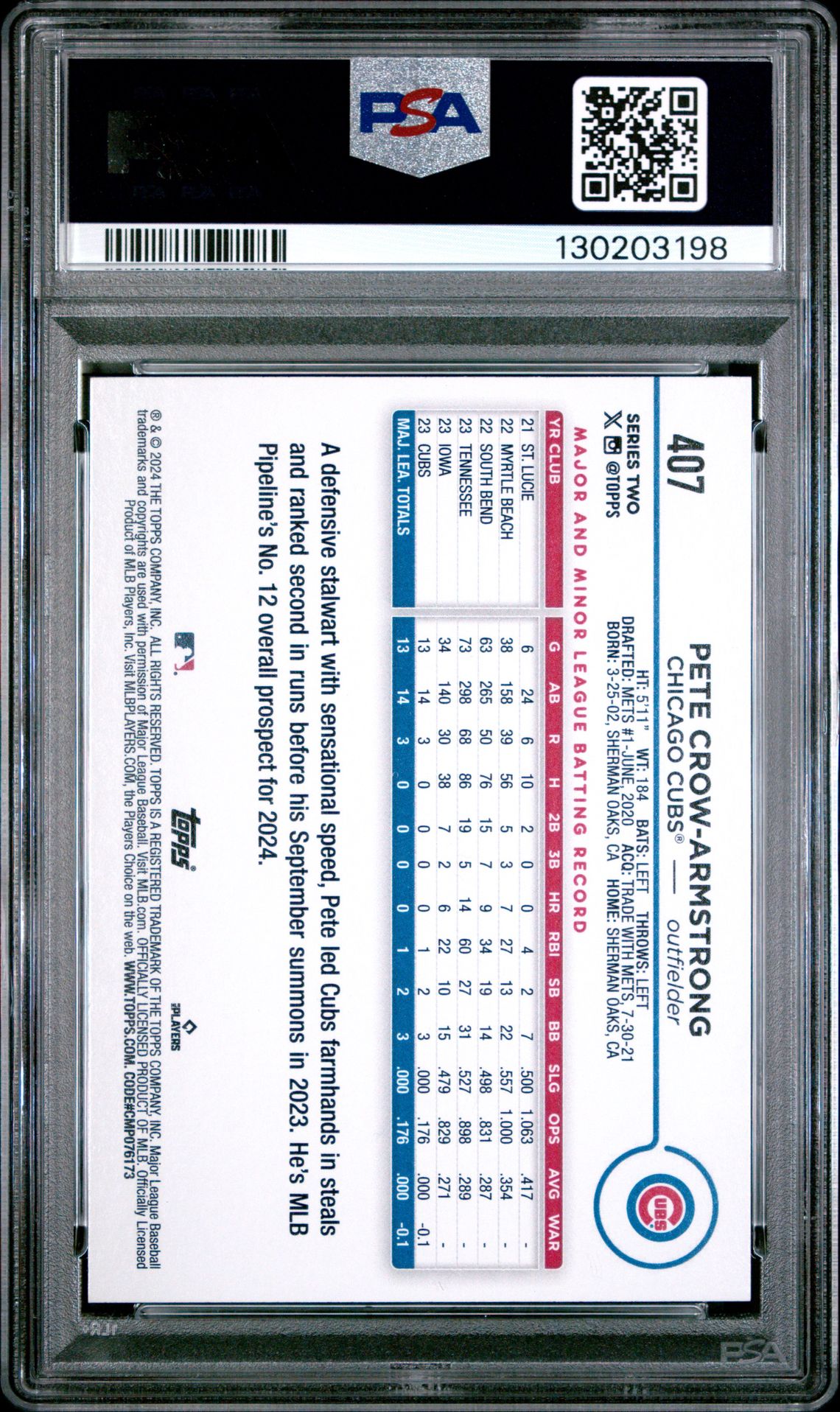 2024 Topps Pete Crow-Armstrong #407 (Yellow) Mint 9 back