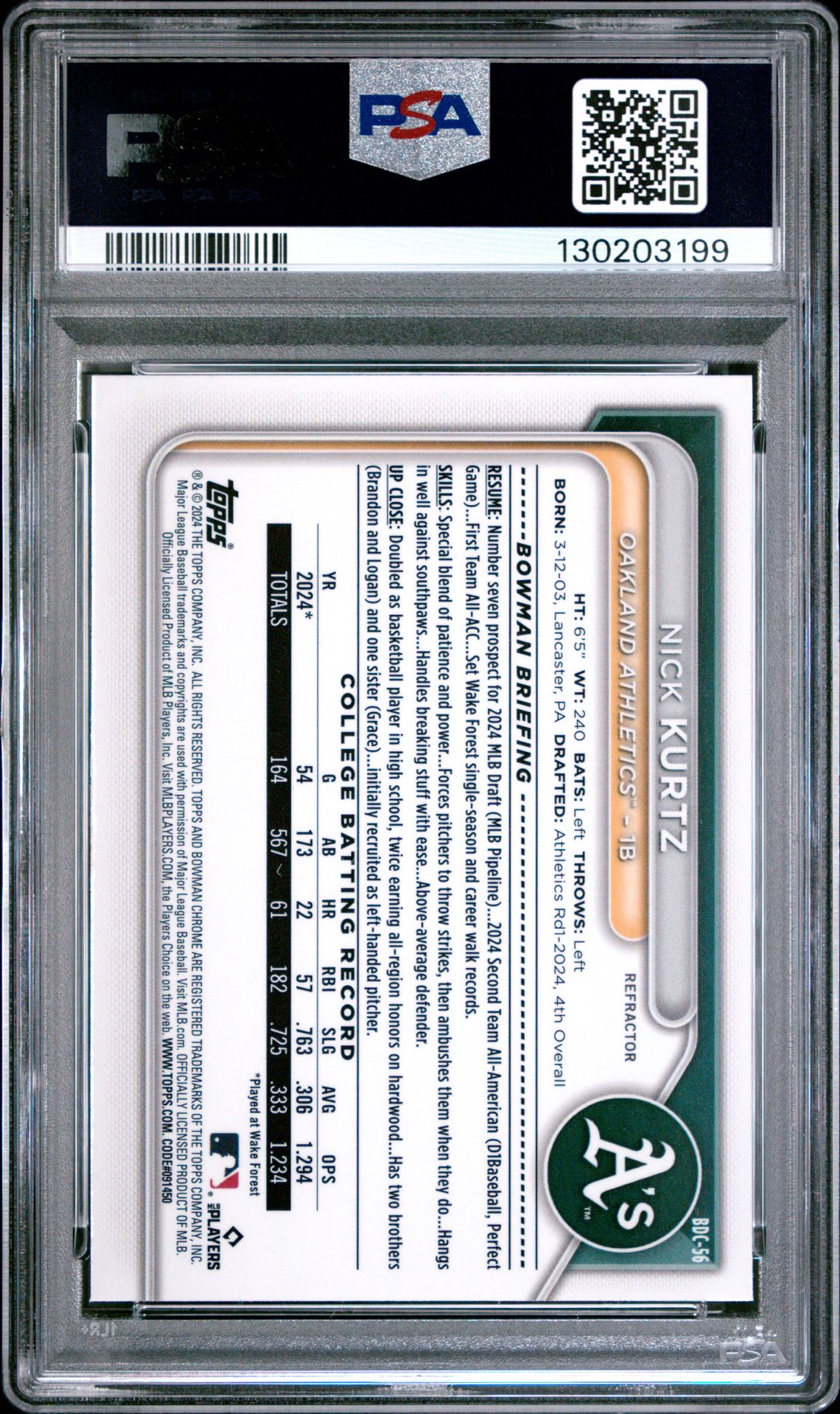 2024 Bowman Draft Nick Kurtz #Bdc56 (Chrome-Refractor) Mint 9 back