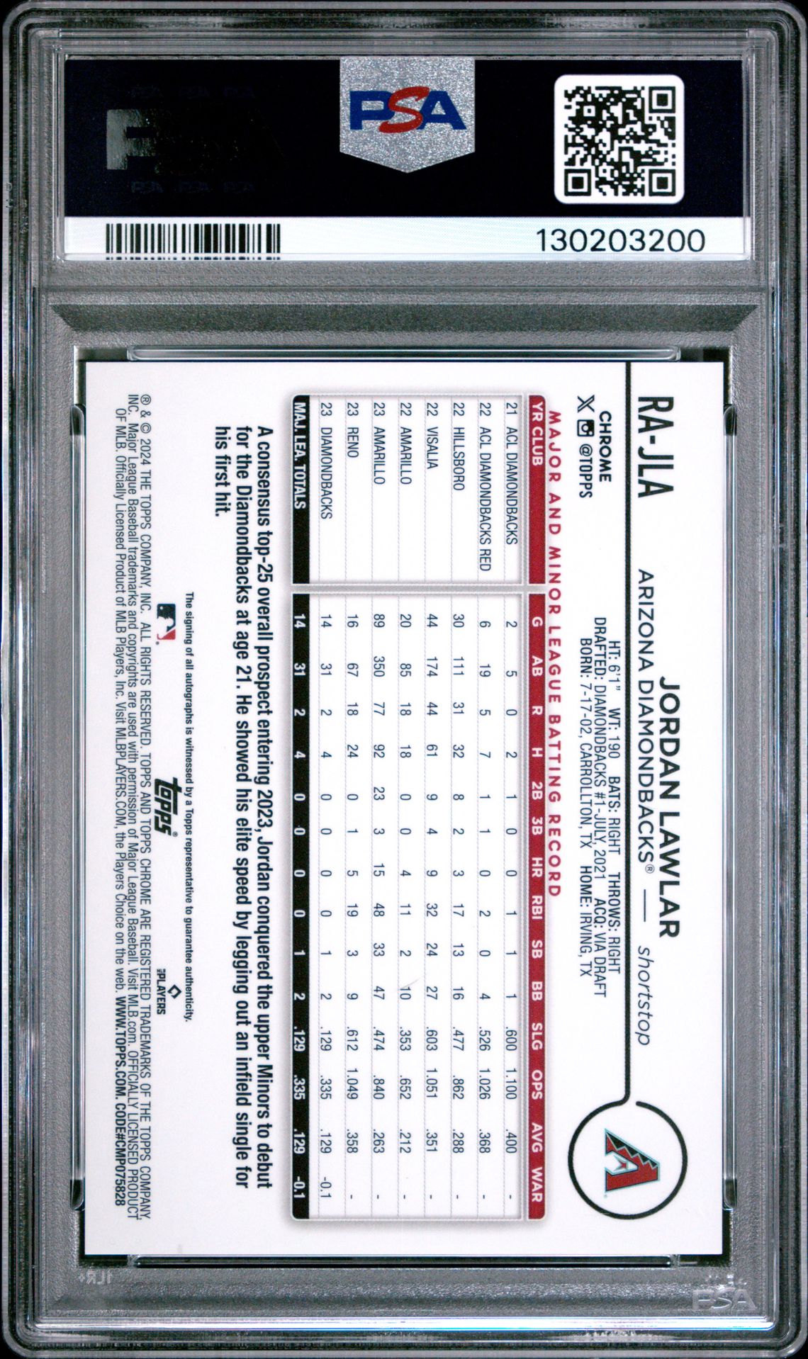 2024 Topps Chrome Rookie Autographs Jordan Lawlar #Rajla Mint 9 back