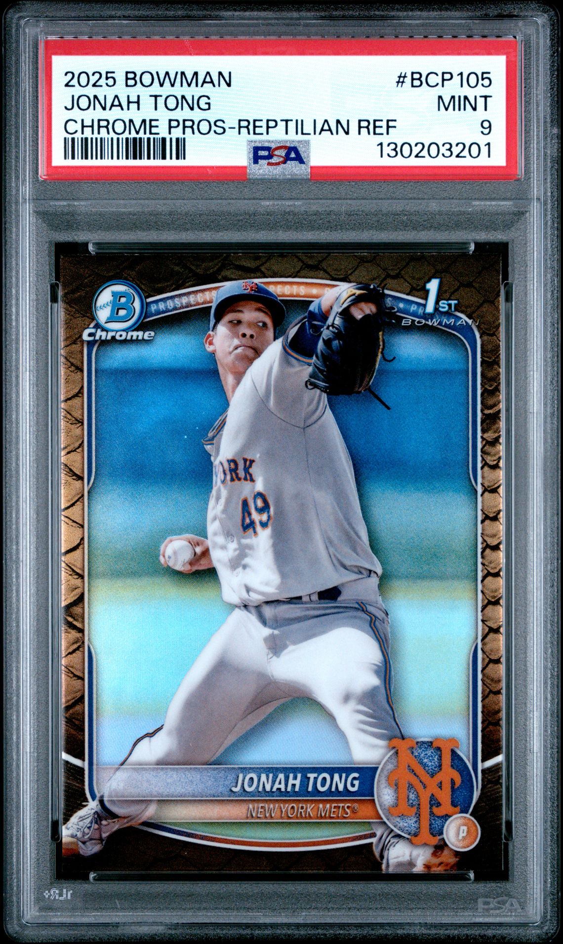 2025 Bowman Chrome Prospects Jonah Tong #Bcp105 (Chrome Pros-Reptilian Ref) Mint 9 front