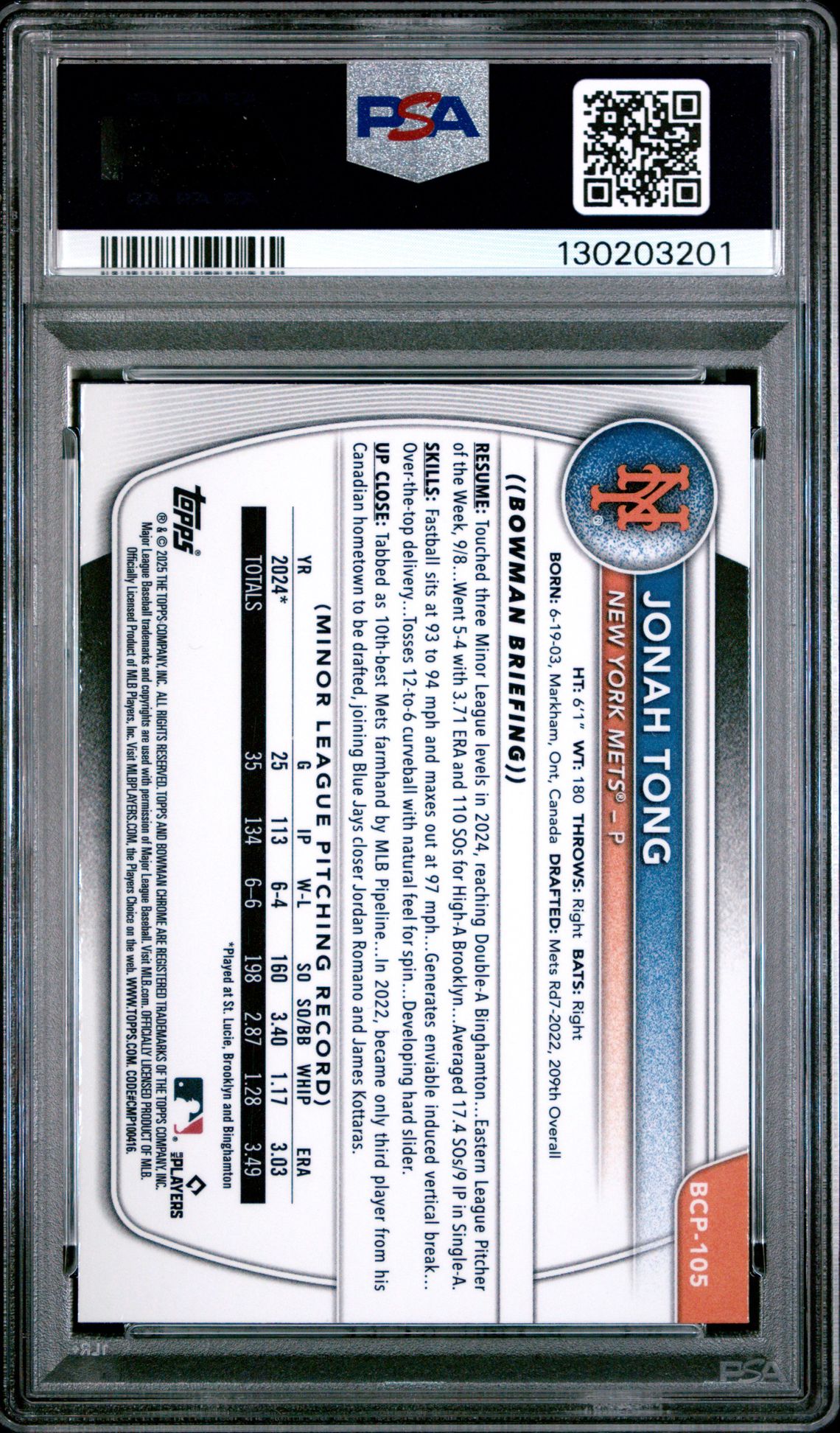 2025 Bowman Chrome Prospects Jonah Tong #Bcp105 (Chrome Pros-Reptilian Ref) Mint 9 back