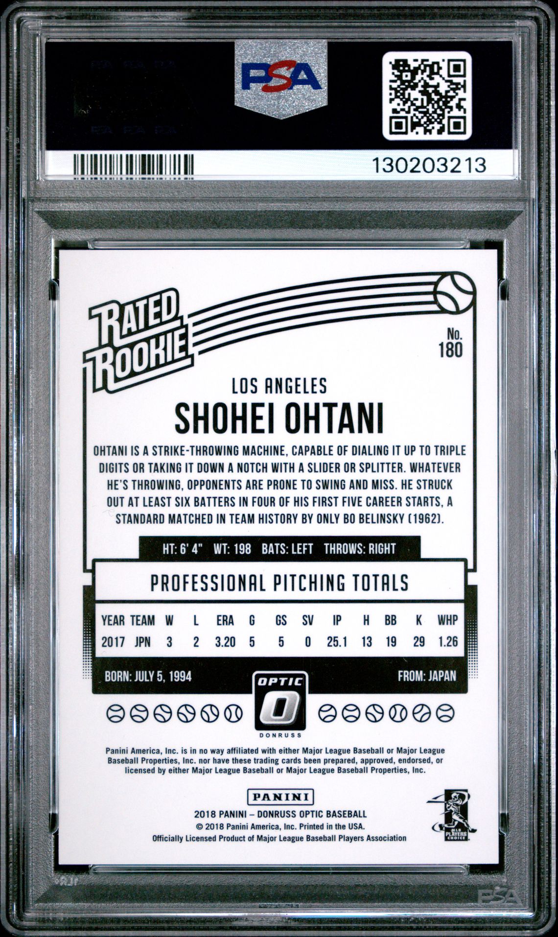 2018 Panini Chronicles Donruss Optic Rated Rookies Shohei Ohtani #180 (Optic Rated Rookies) Mint 9 back