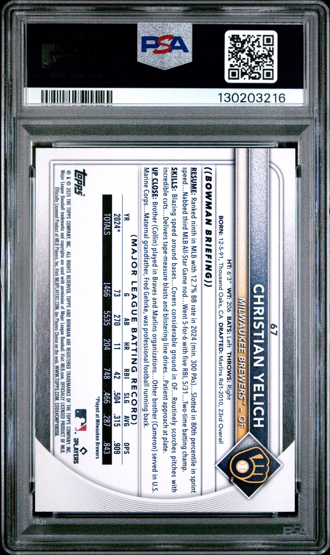 2025 Bowman Christian Yelich #67 (Fuchsia) Nm-Mt 8 back