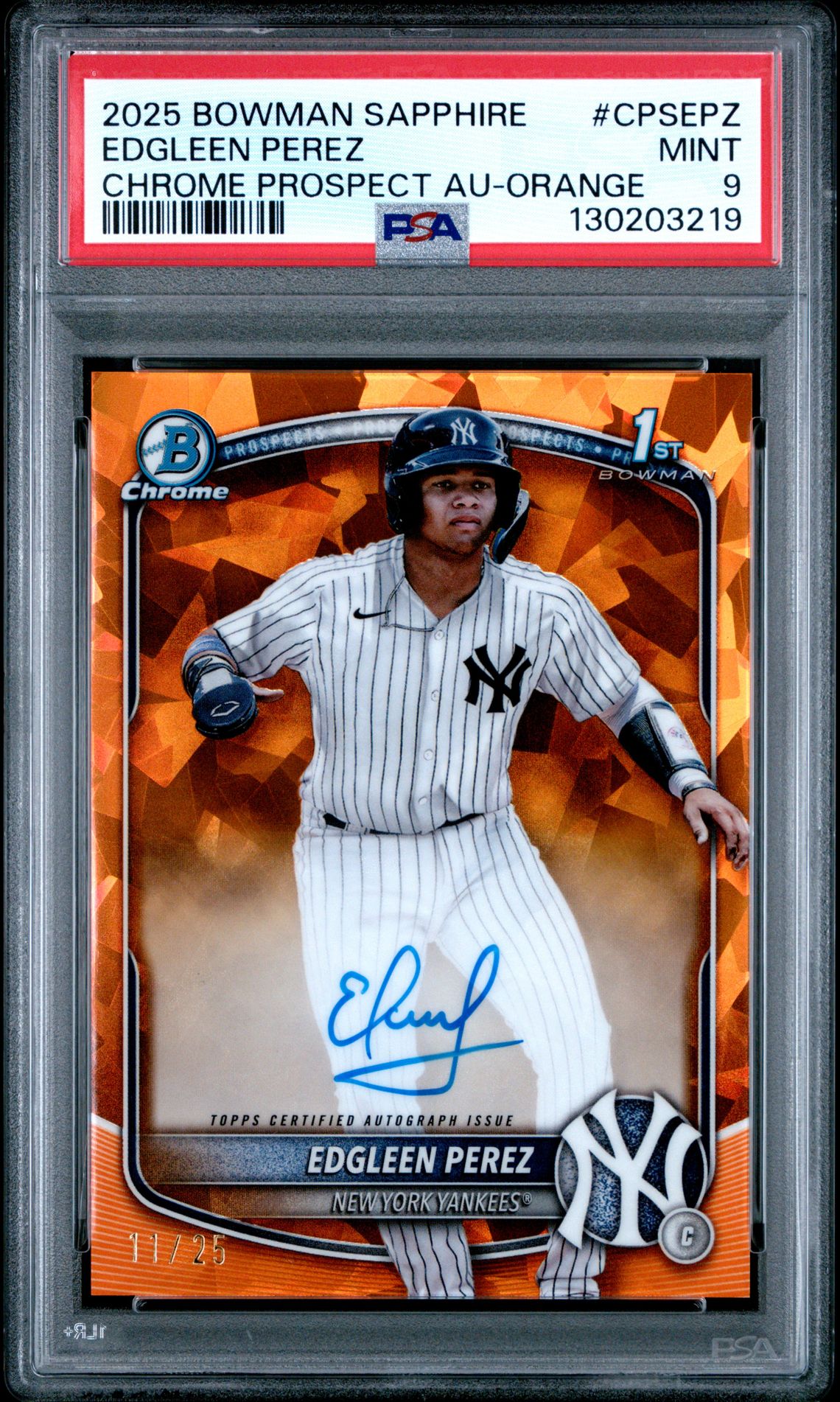 2025 Bowman Sapphire Edition Chrome Prospects Sapphire Autographs Edgleen Perez #Cpsepz (Chrome Prospect Au-Orange) Mint 9 front