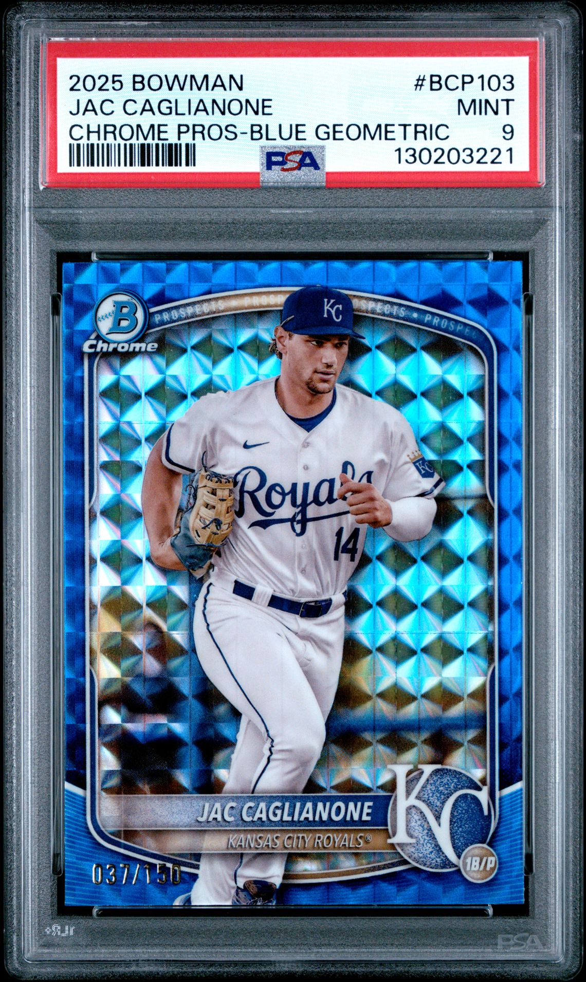 2025 Bowman Chrome Prospects Jac Caglianone #Bcp103 (Chrome Pros-Blue Geometric) Mint 9 front